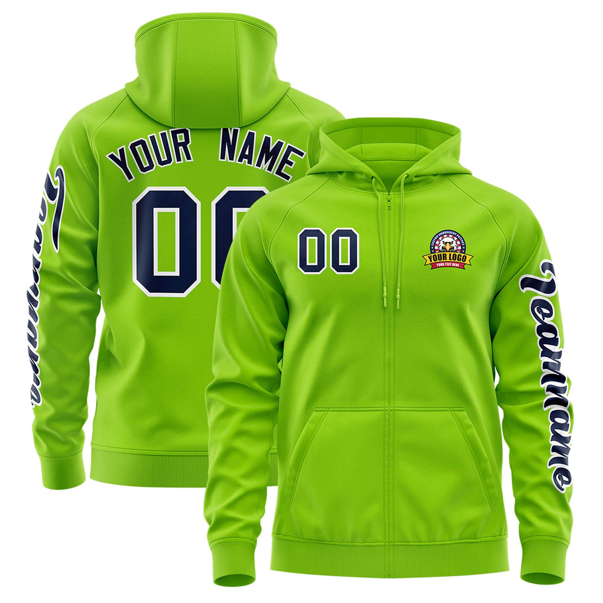 Custom Neon Green Navy Varsity Full-Zip Letterman Classic Jacket Hoodie| KXKSHOP