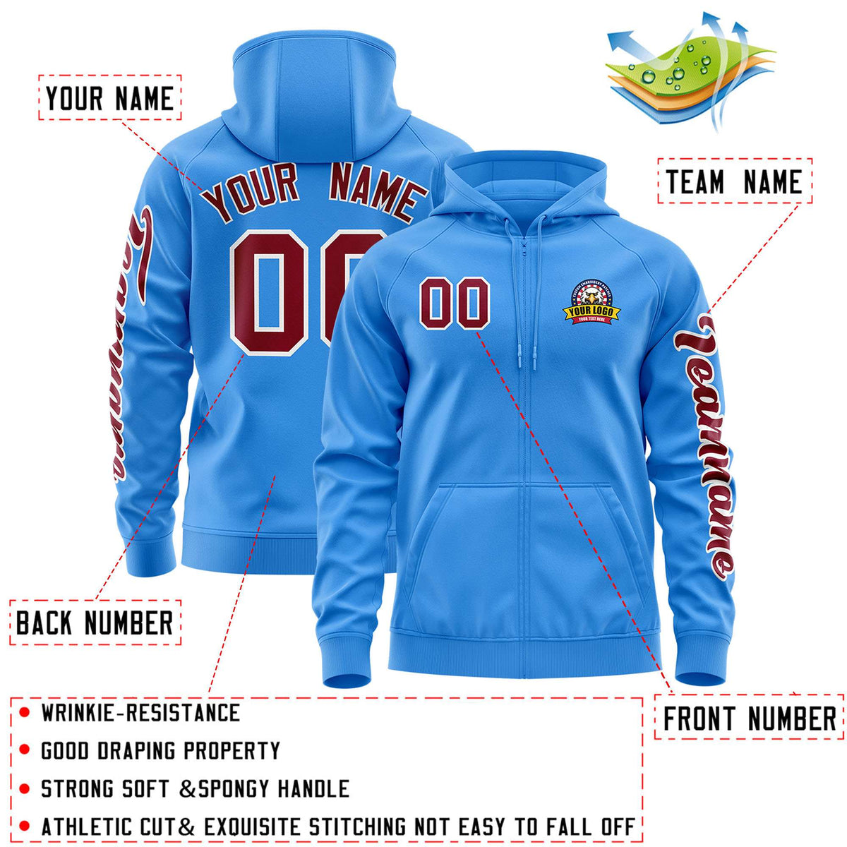 Custom Powder Blue Crimson Varsity Full-Zip Letterman Classic Jacket Hoodie| KXKSHOP