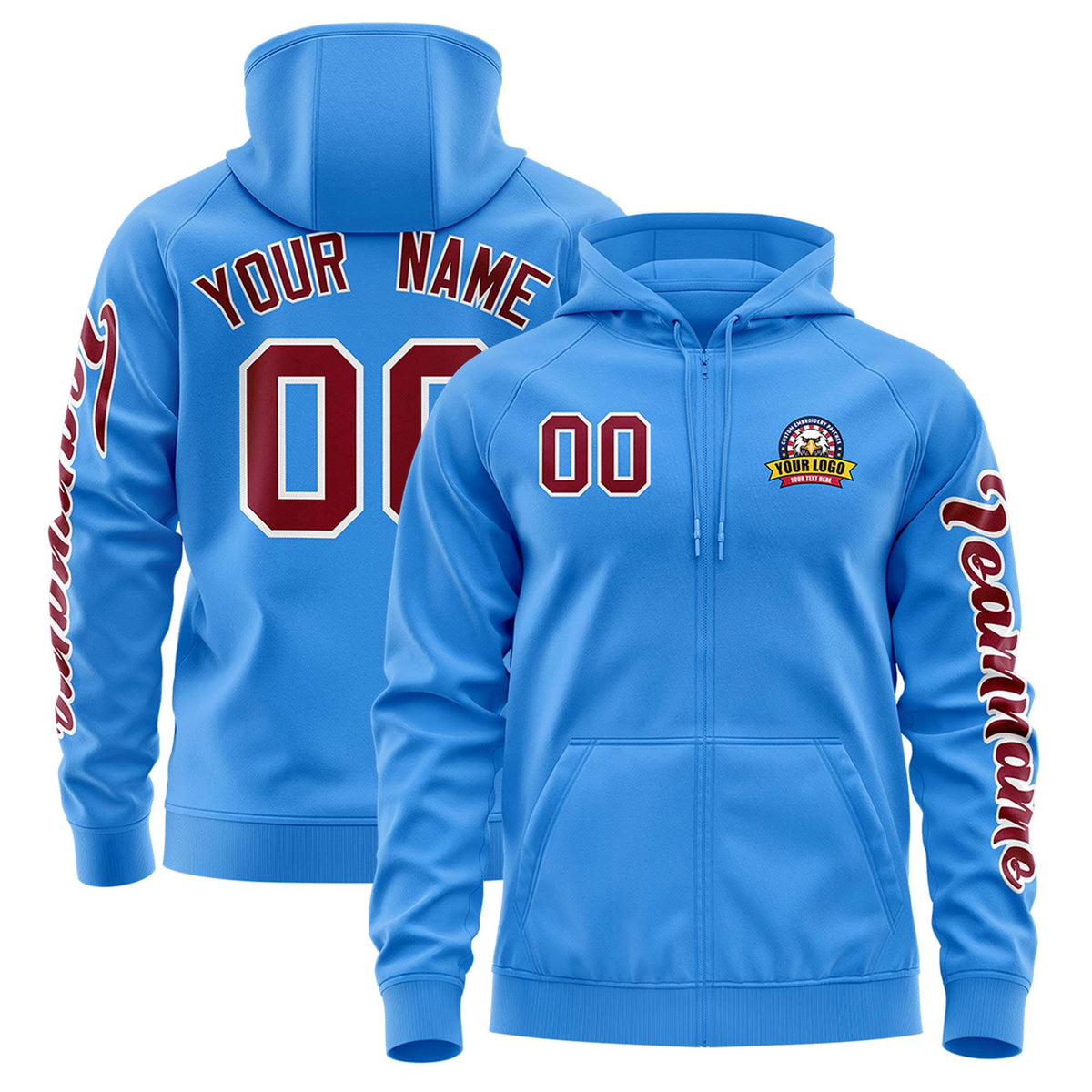 Custom Powder Blue Crimson Varsity Full-Zip Letterman Classic Jacket Hoodie| KXKSHOP