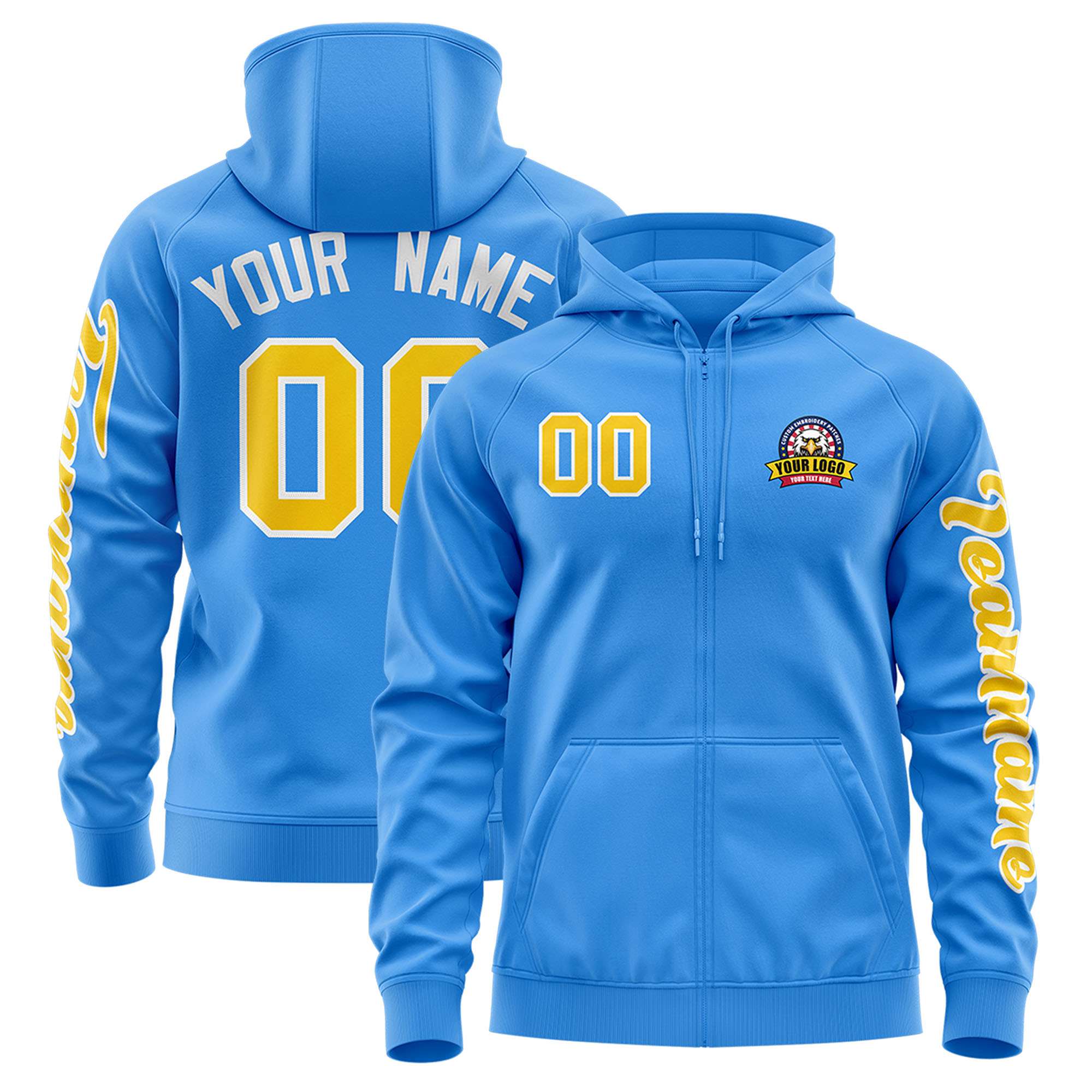 Custom Powder Blue Gold Varsity Full-Zip Letterman Classic Jacket Hoodie| KXKSHOP