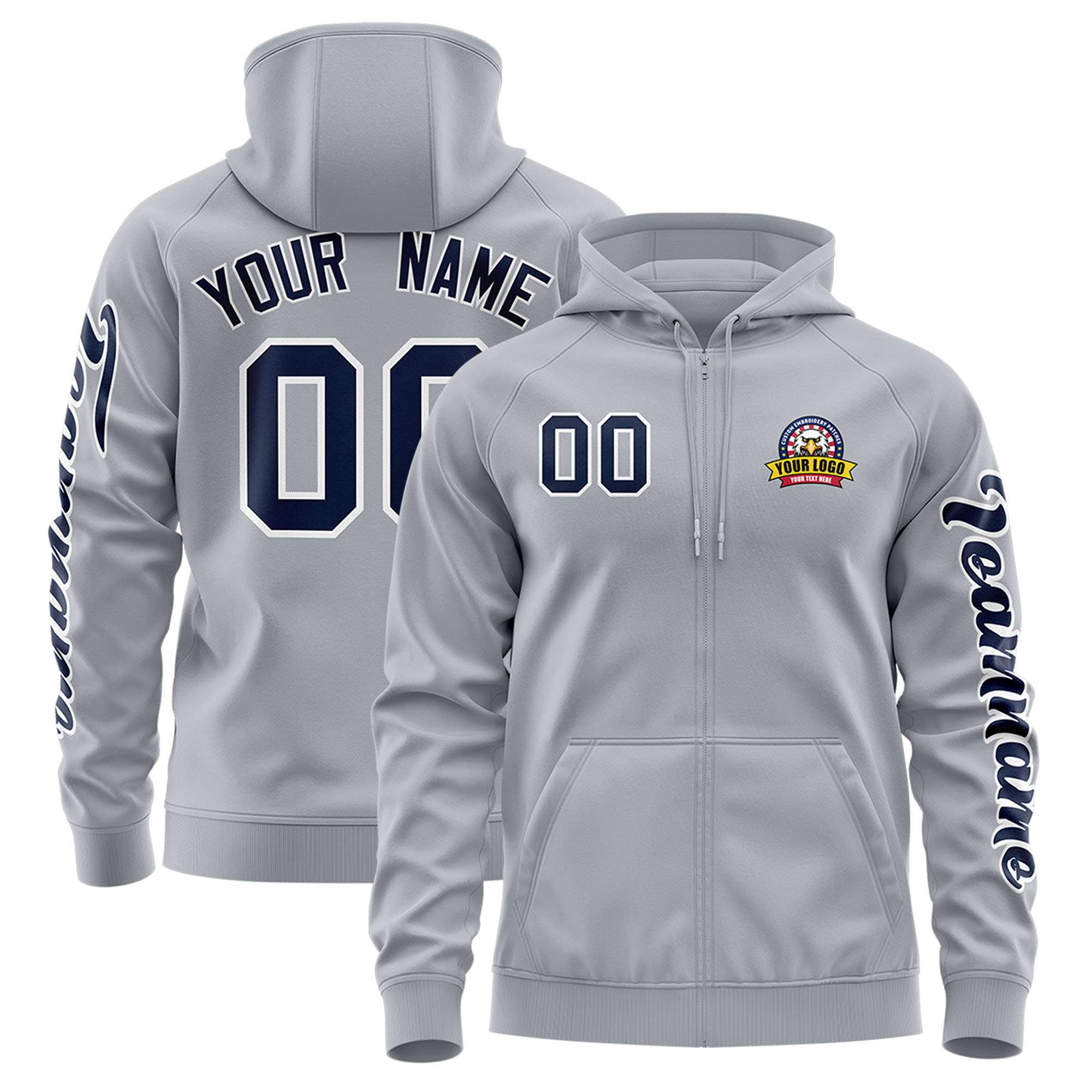 Custom Gray Navy Varsity Full-Zip Letterman Classic Jacket Hoodie| KXKSHOP
