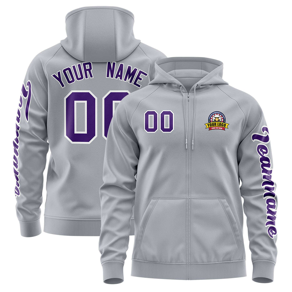 Custom Gray Purple Varsity Full-Zip Letterman Classic Jacket Hoodie| KXKSHOP