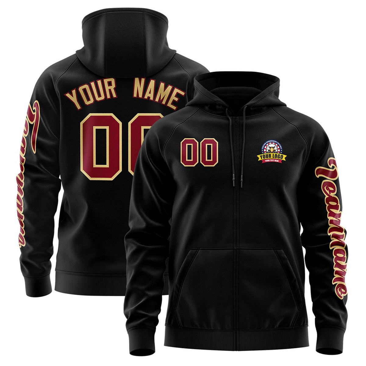 Custom Black Crimson Varsity Full-Zip Letterman Classic Jacket Hoodie| KXKSHOP