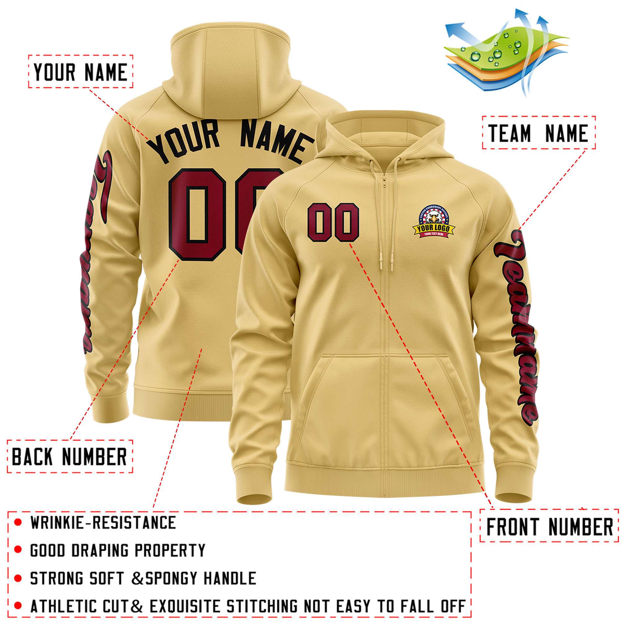 Custom Khaki Crimson Varsity Full-Zip Letterman Classic Jacket Hoodie| KXKSHOP