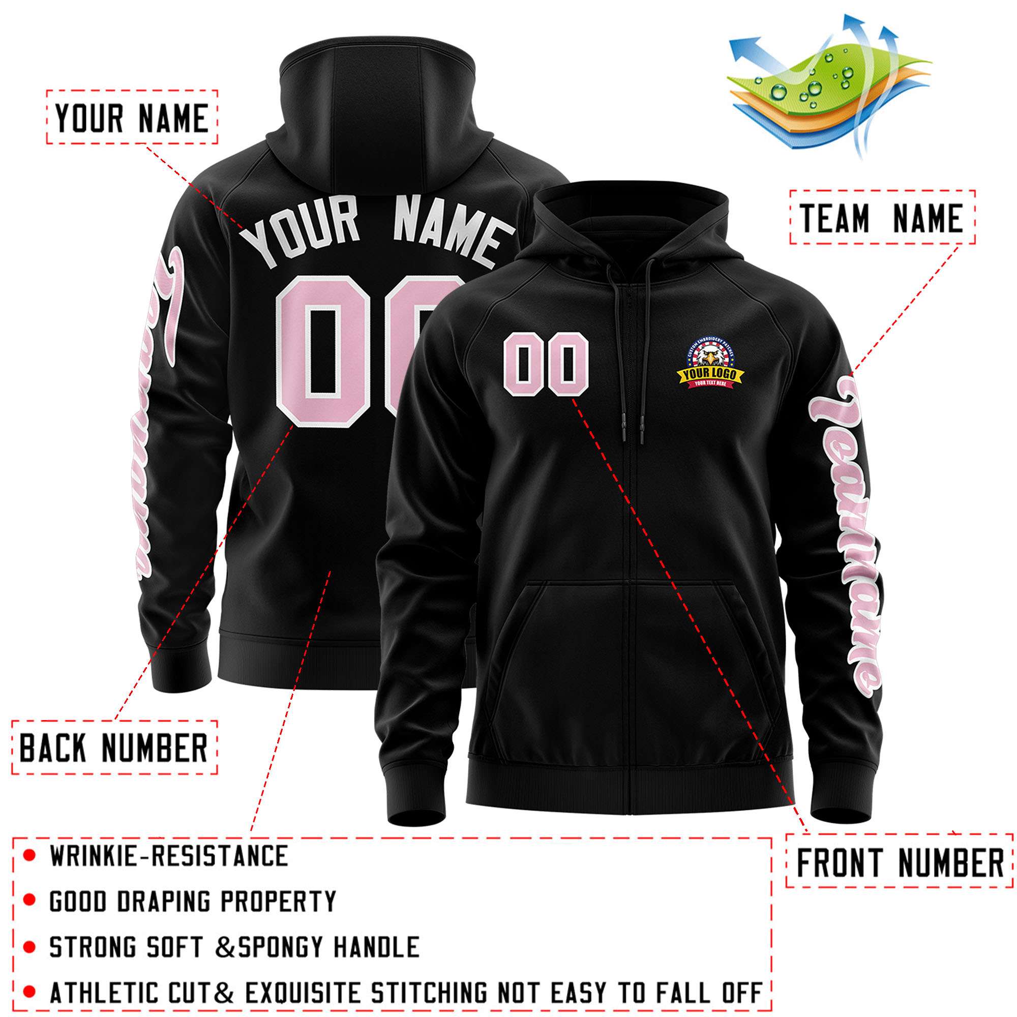 Custom Black Light Pink Varsity Full-Zip Letterman Classic Jacket Hoodie| KXKSHOP