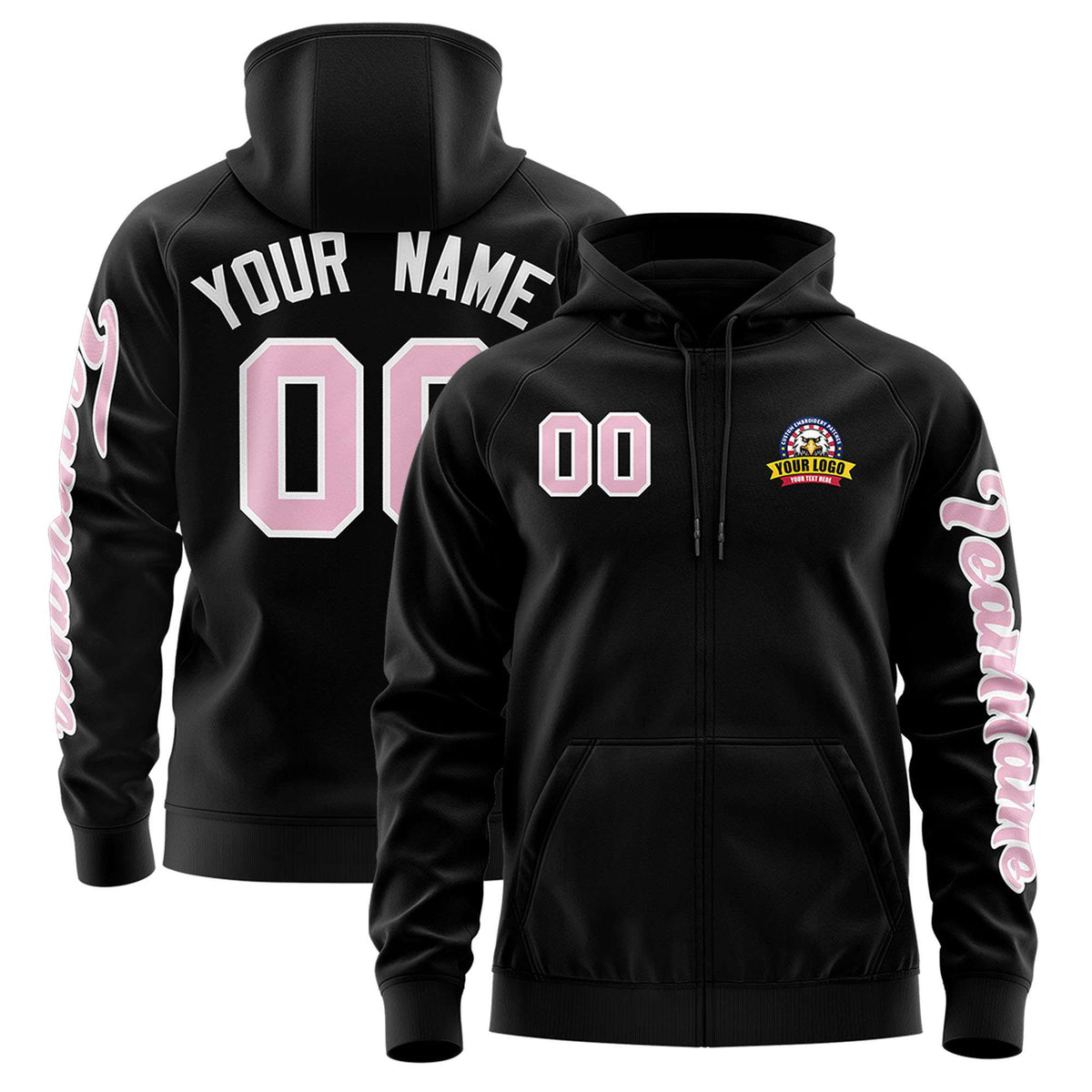 Custom Black Light Pink Varsity Full-Zip Letterman Classic Jacket Hoodie| KXKSHOP