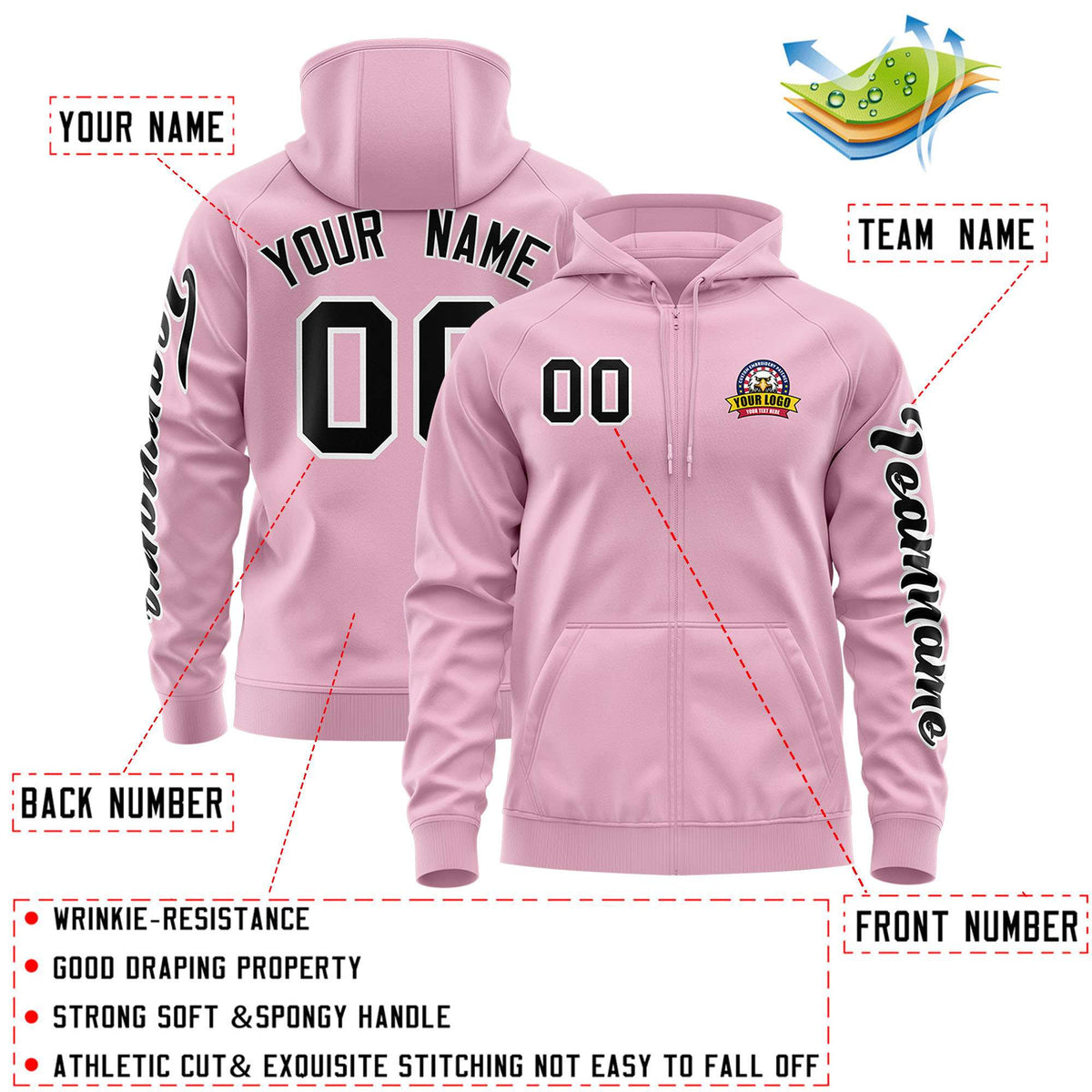 Custom Light Pink Black Varsity Full-Zip Letterman Classic Jacket Hoodie| KXKSHOP