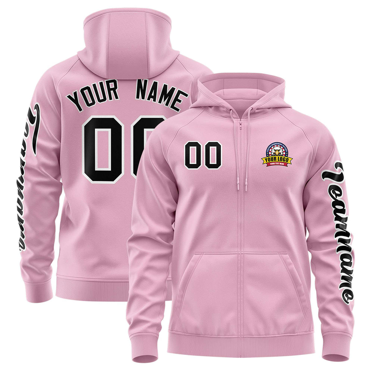 Custom Light Pink Black Varsity Full-Zip Letterman Classic Jacket Hoodie| KXKSHOP