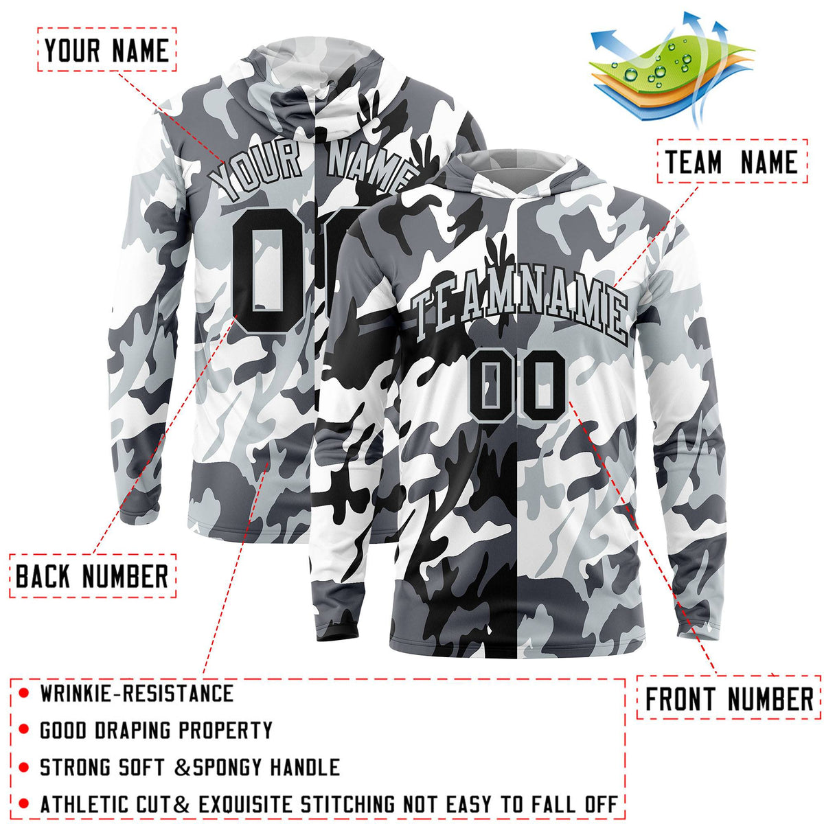 Custom Black Gray-White Personalized Camo Design Quick Dry Lightweight Hoodie| KXKSHOP