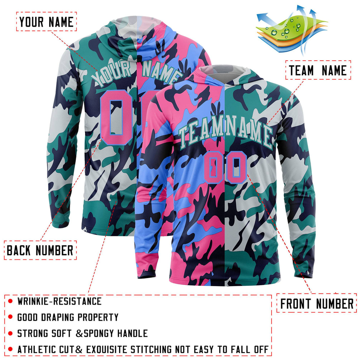 Custom Pink Powder Blue-Navy Personalized Camo Design Quick Dry Lightweight Hoodie| KXKSHOP