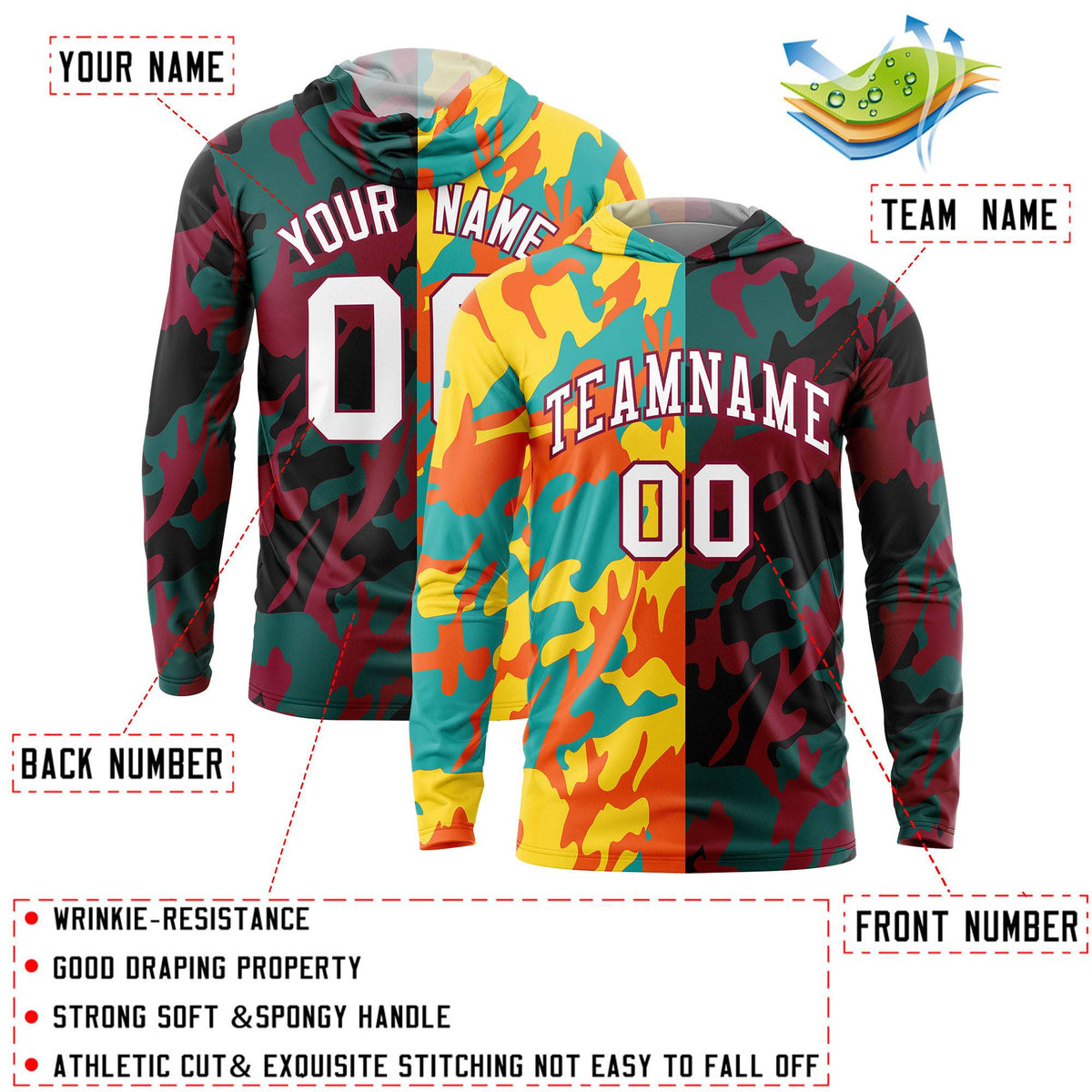 Custom Gold Aqua-Orange Personalized Camo Design Quick Dry Lightweight Hoodie| KXKSHOP