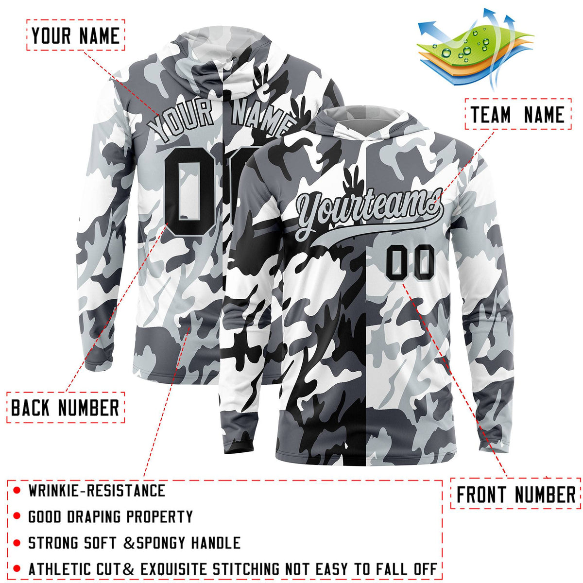 Custom Black Gray-White Personalized Camo Design Quick Dry Lightweight Hoodie| KXKSHOP