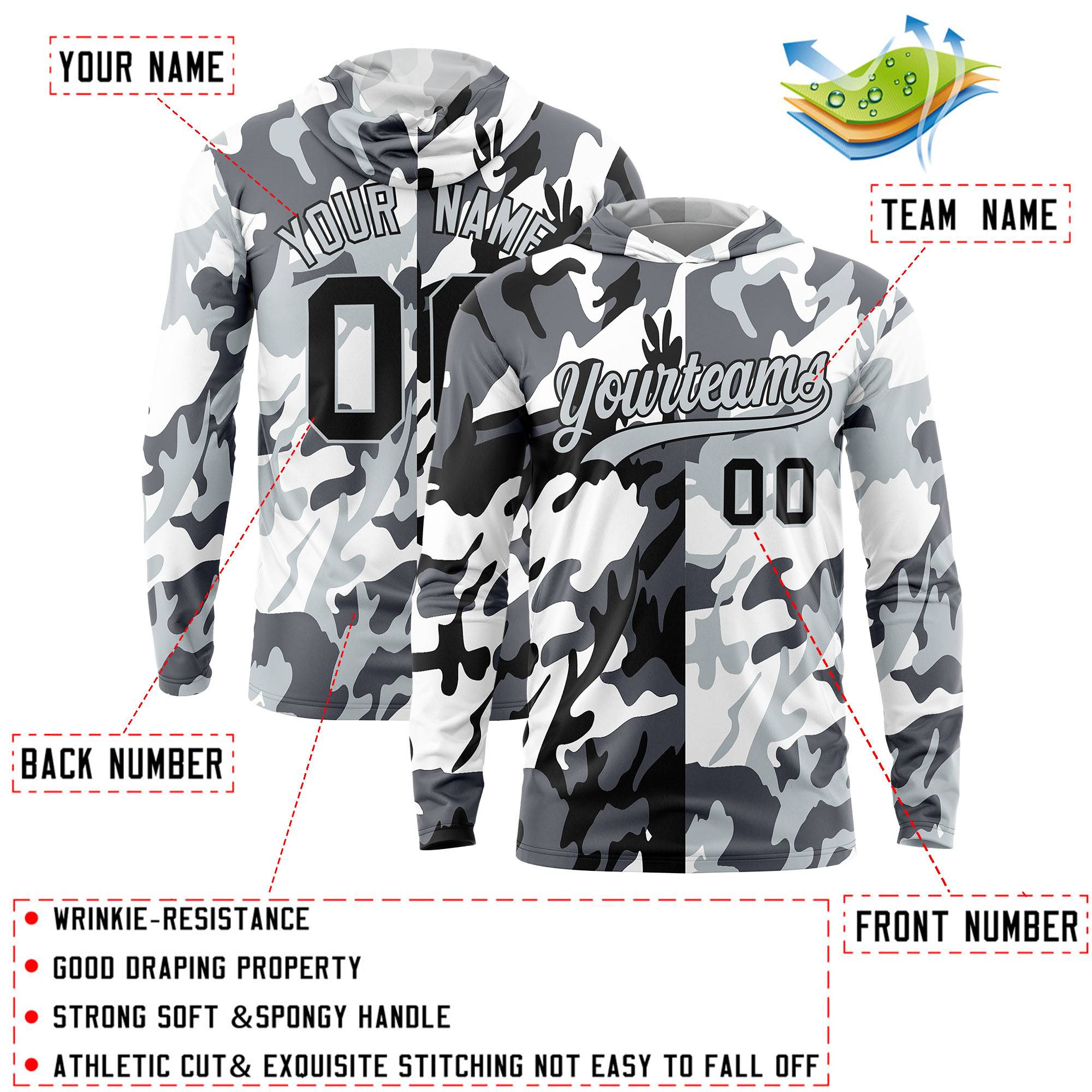 Custom Black Gray-White Personalized Camo Design Quick Dry Lightweight Hoodie| KXKSHOP