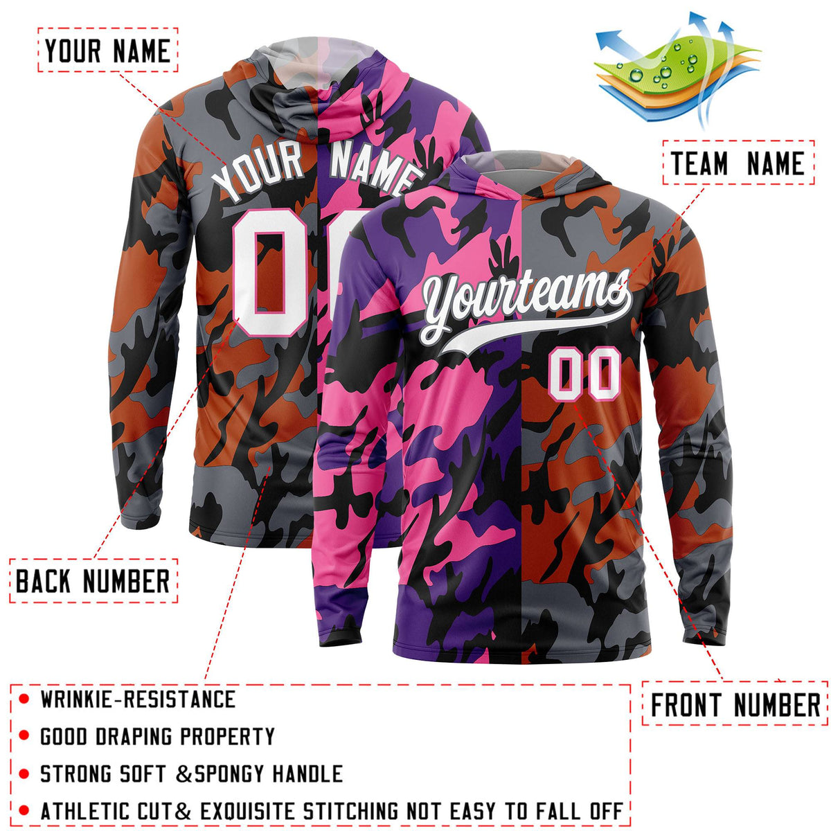 Custom Purple Pink-Black Personalized Camo Design Quick Dry Lightweight Hoodie| KXKSHOP