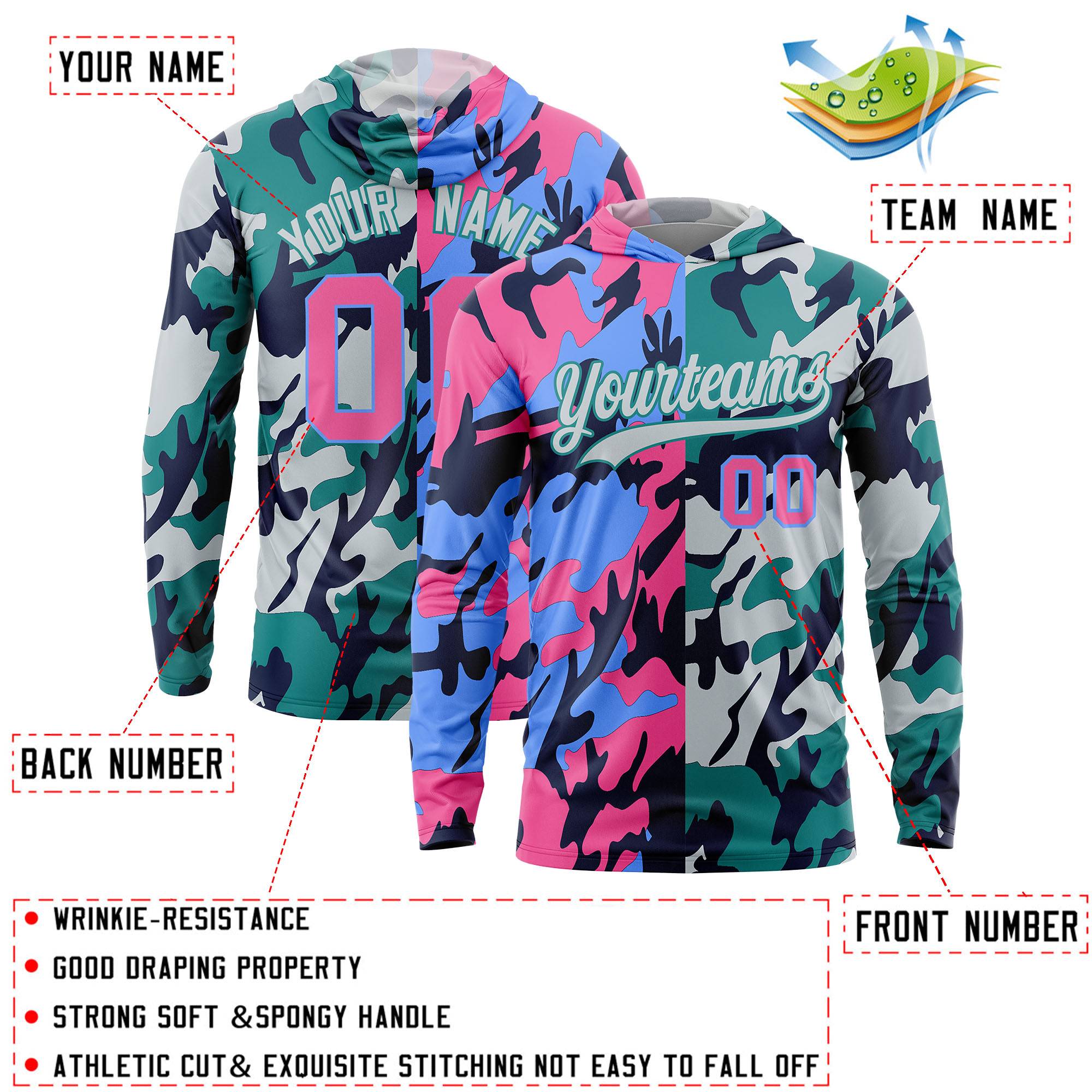 Custom Pink Powder Blue-Navy Personalized Camo Design Quick Dry Lightweight Hoodie| KXKSHOP