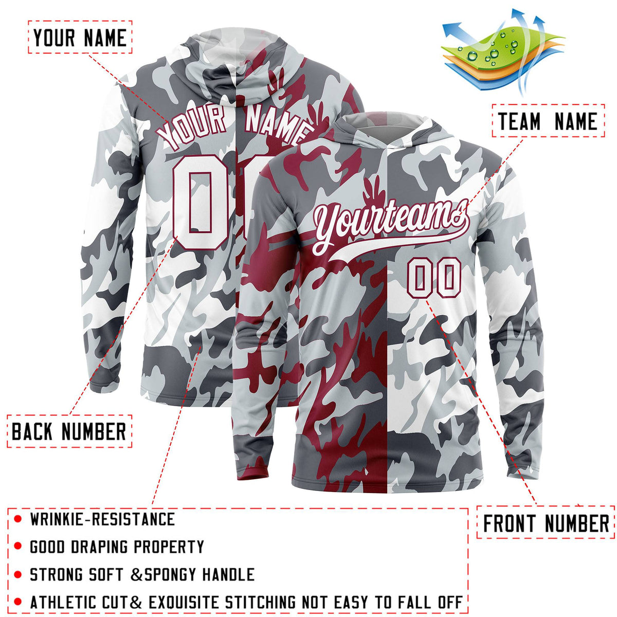 Custom Gray Crimson-Silver Personalized Camo Design Quick Dry Lightweight Hoodie| KXKSHOP
