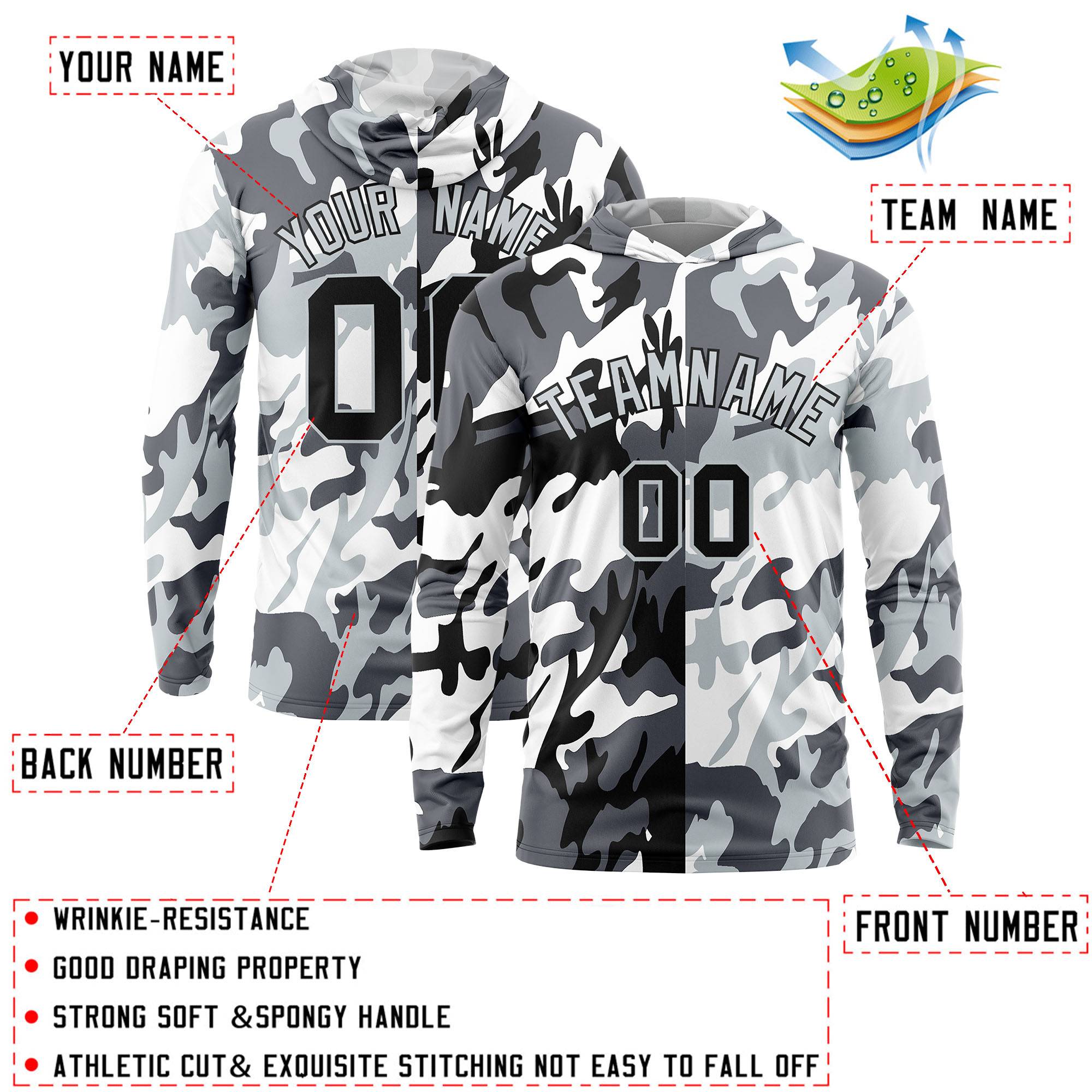 Custom Black Gray-White Personalized Camo Design Quick Dry Lightweight Hoodie| KXKSHOP