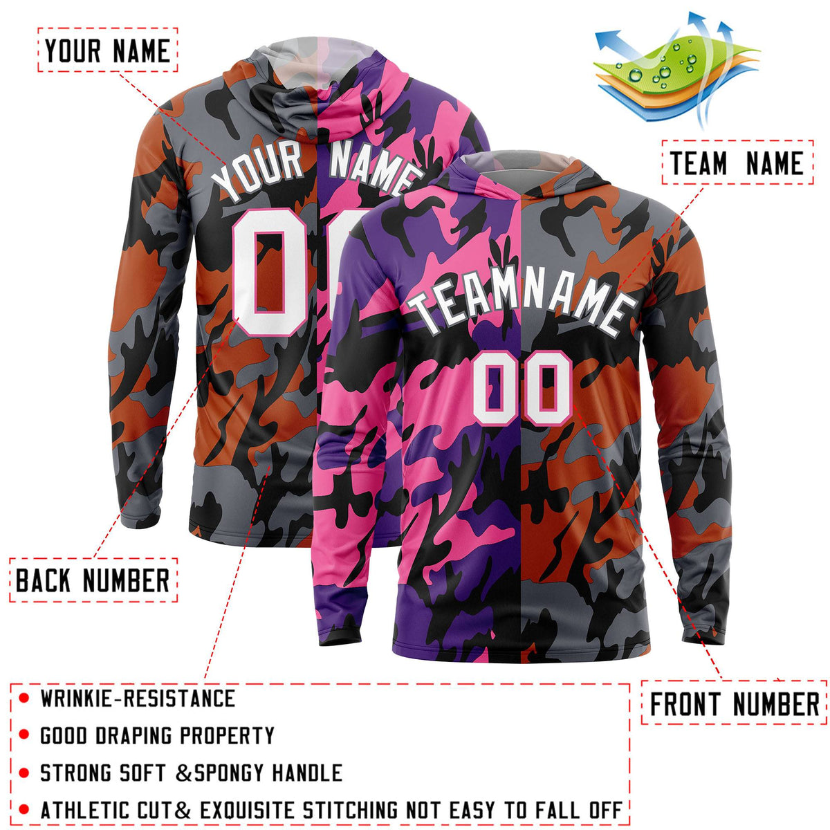 Custom Purple Pink-Black Personalized Camo Design Quick Dry Lightweight Hoodie| KXKSHOP