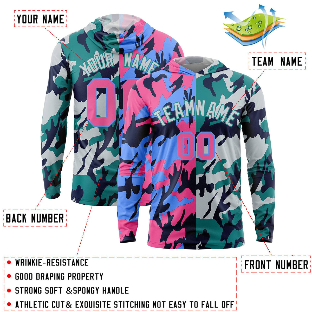 Custom Pink Powder Blue-Navy Personalized Camo Design Quick Dry Lightweight Hoodie| KXKSHOP