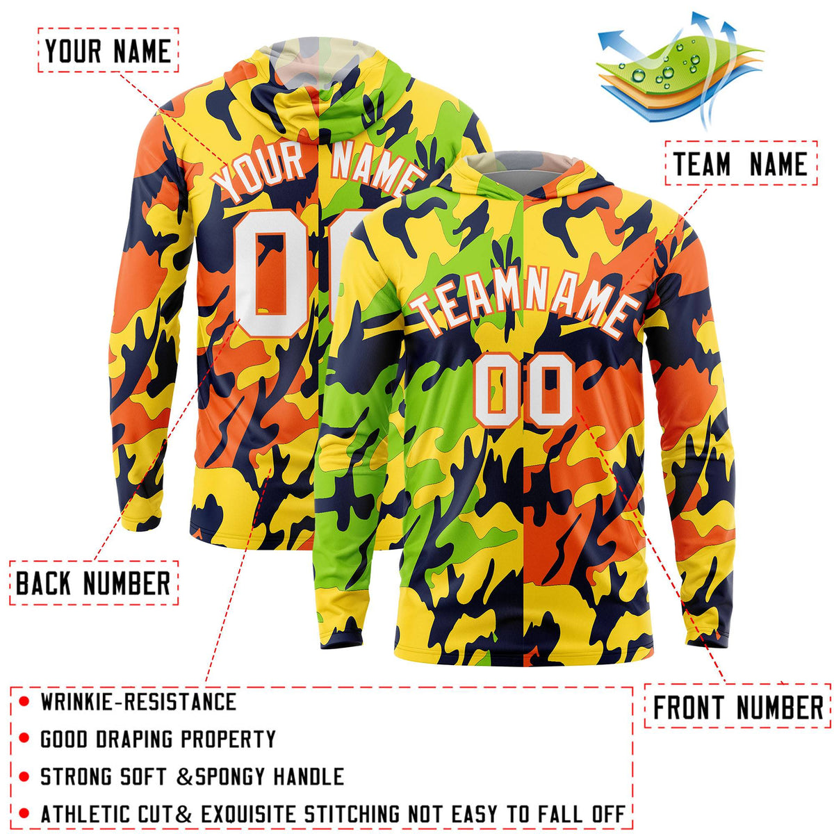 Custom Neon Green Gold-Navy Personalized Camo Design Quick Dry Lightweight Hoodie| KXKSHOP
