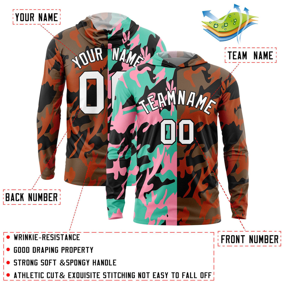Custom Bright Green Light Pink-Black Personalized Camo Design Quick Dry Lightweight Hoodie| KXKSHOP