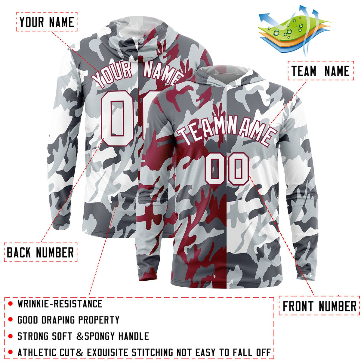 Custom Gray Crimson-Silver Personalized Camo Design Quick Dry Lightweight Hoodie| KXKSHOP