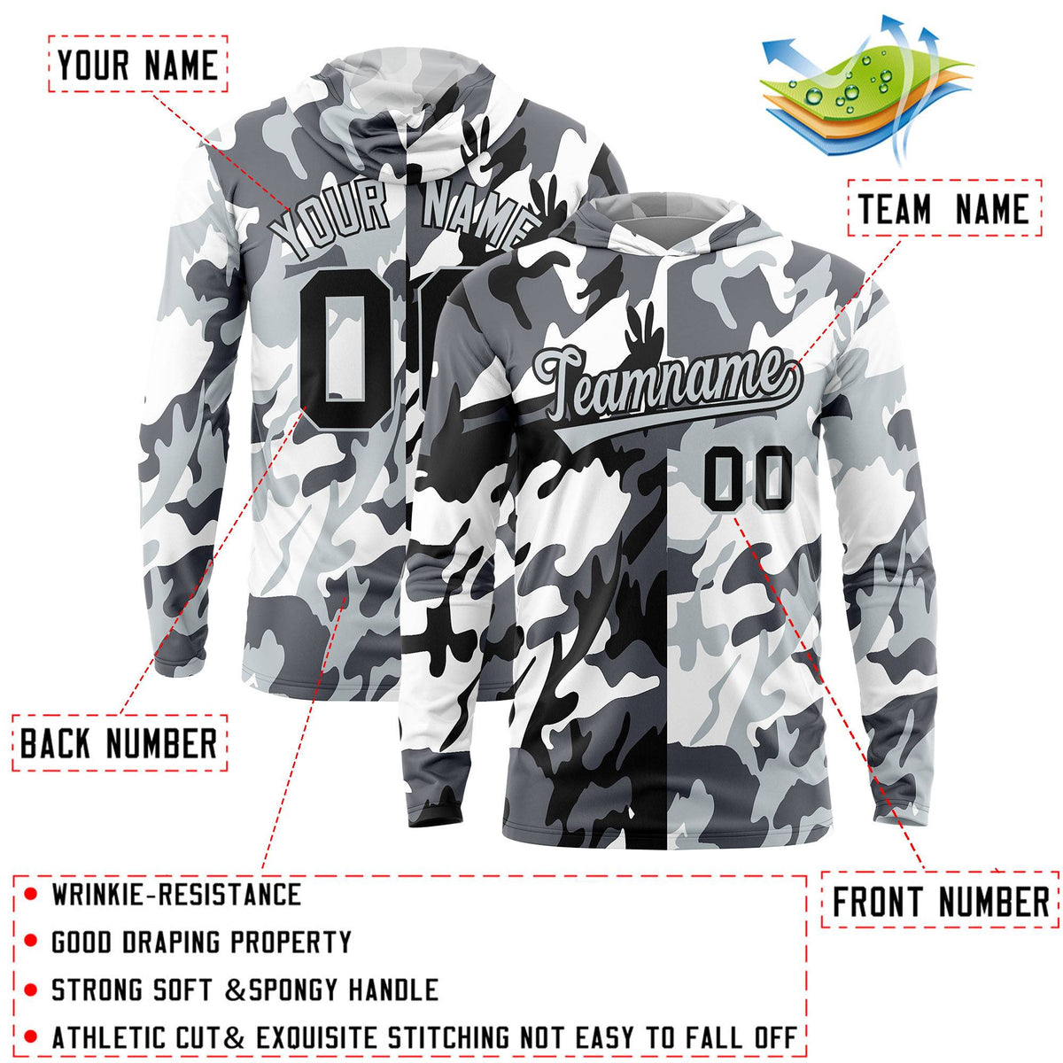 Custom Black Gray-White Personalized Camo Design Quick Dry Lightweight Hoodie| KXKSHOP
