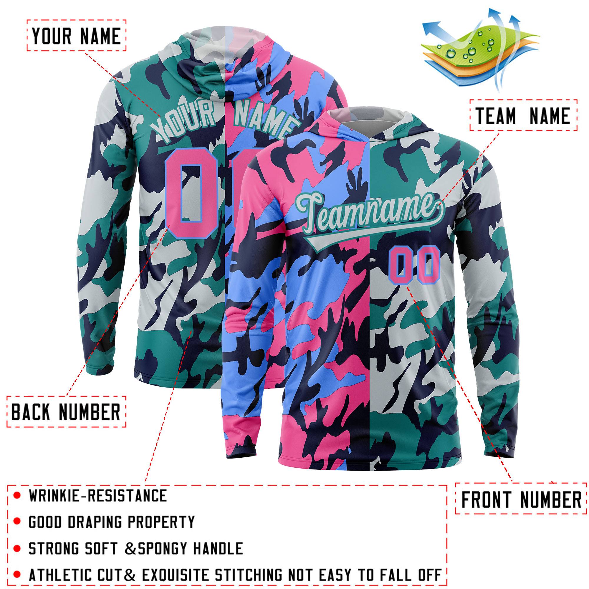 Custom Pink Powder Blue-Navy Personalized Camo Design Quick Dry Lightweight Hoodie| KXKSHOP