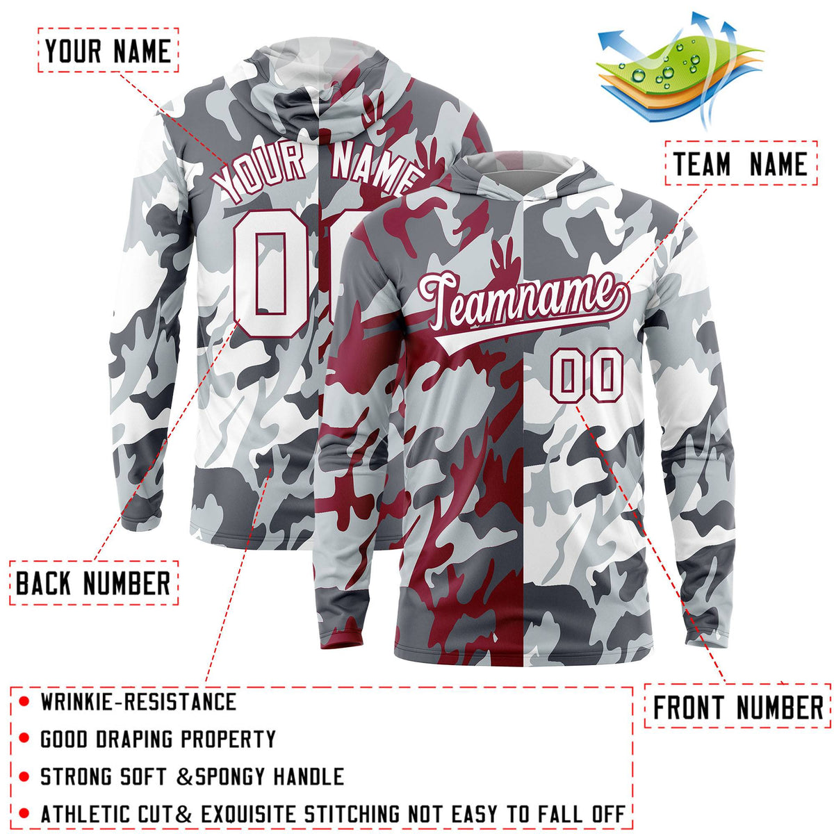 Custom Gray Crimson-Silver Personalized Camo Design Quick Dry Lightweight Hoodie| KXKSHOP