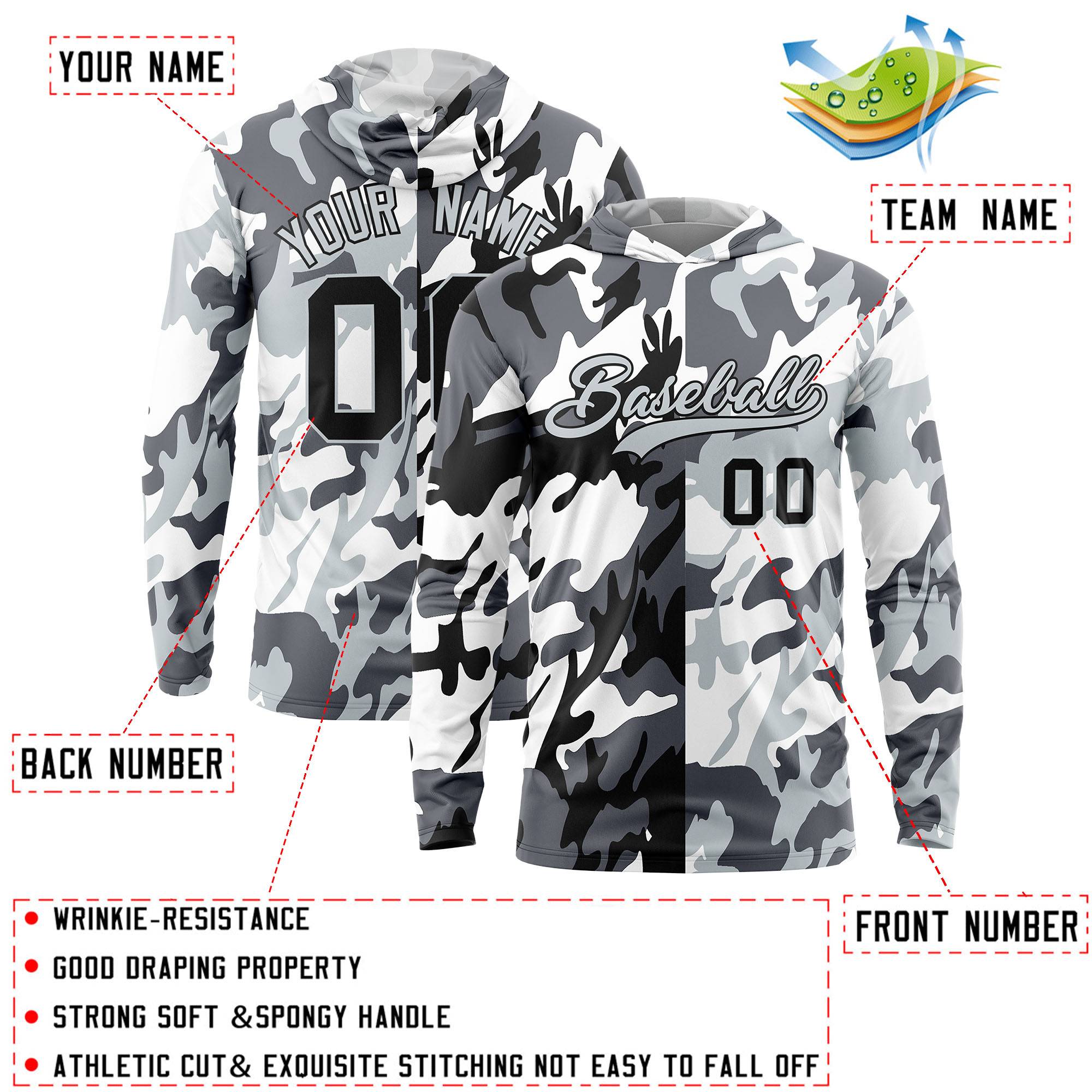 Custom Black Gray-White Personalized Camo Design Quick Dry Lightweight Hoodie| KXKSHOP