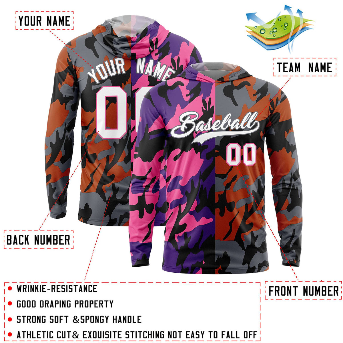 Custom Purple Pink-Black Personalized Camo Design Quick Dry Lightweight Hoodie| KXKSHOP