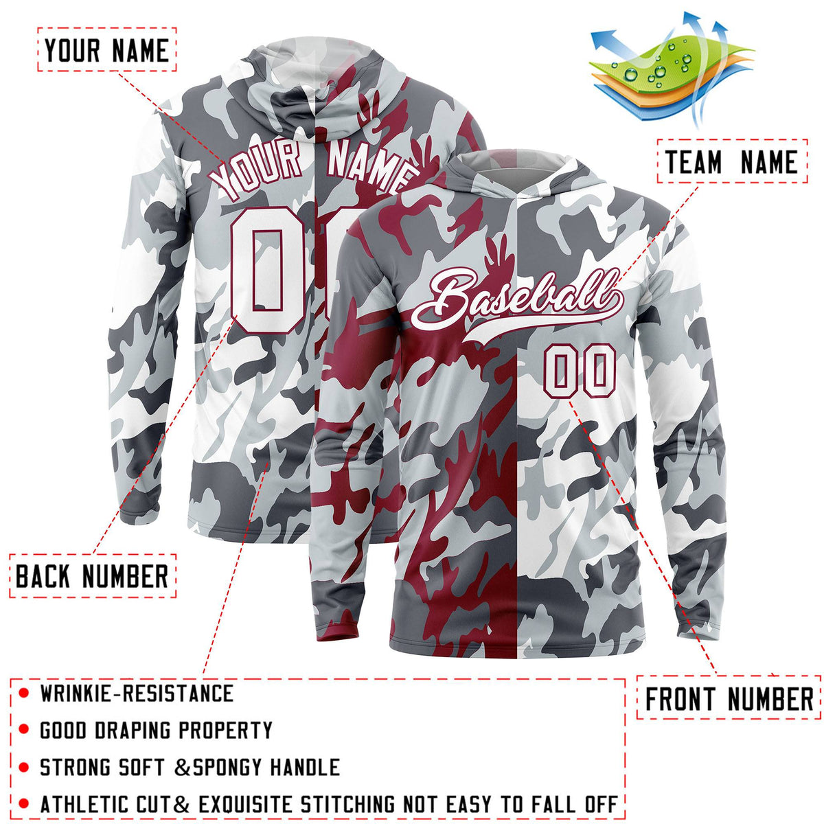 Custom Gray Crimson-Silver Personalized Camo Design Quick Dry Lightweight Hoodie| KXKSHOP