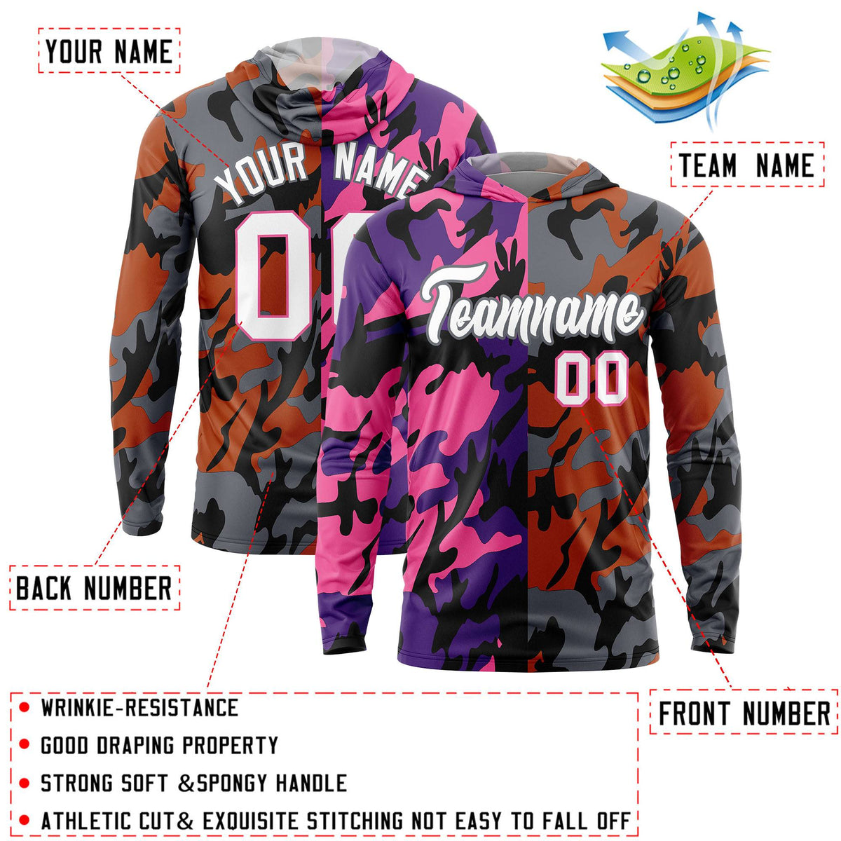 Custom Purple Pink-Black Personalized Camo Design Quick Dry Lightweight Hoodie| KXKSHOP