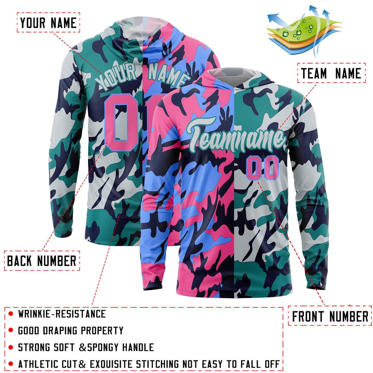 Custom Pink Powder Blue-Navy Personalized Camo Design Quick Dry Lightweight Hoodie| KXKSHOP