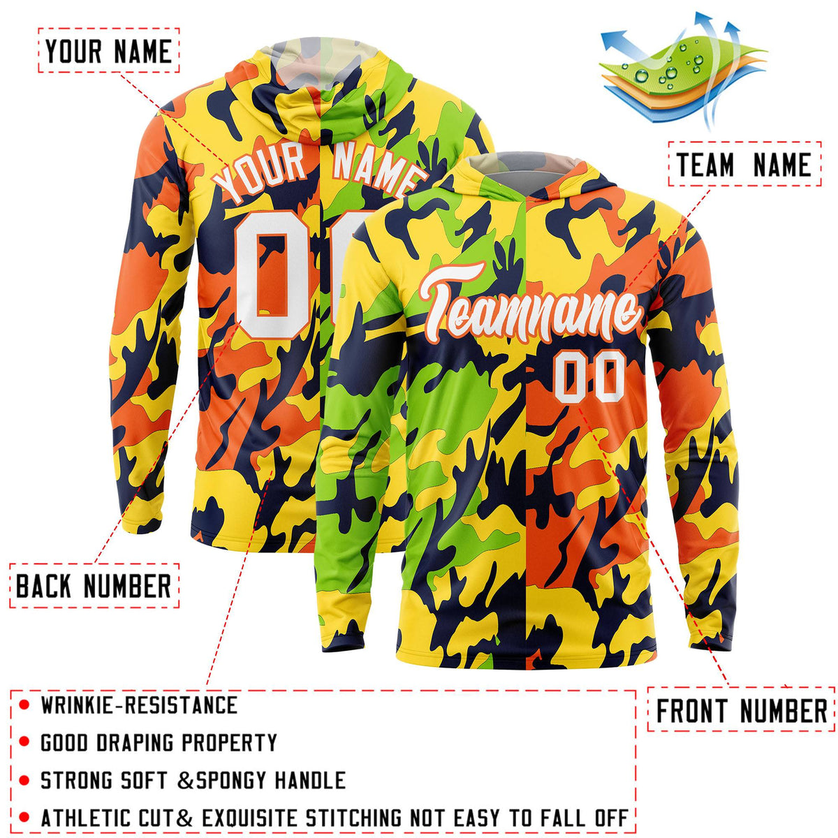 Custom Neon Green Gold-Navy Personalized Camo Design Quick Dry Lightweight Hoodie| KXKSHOP