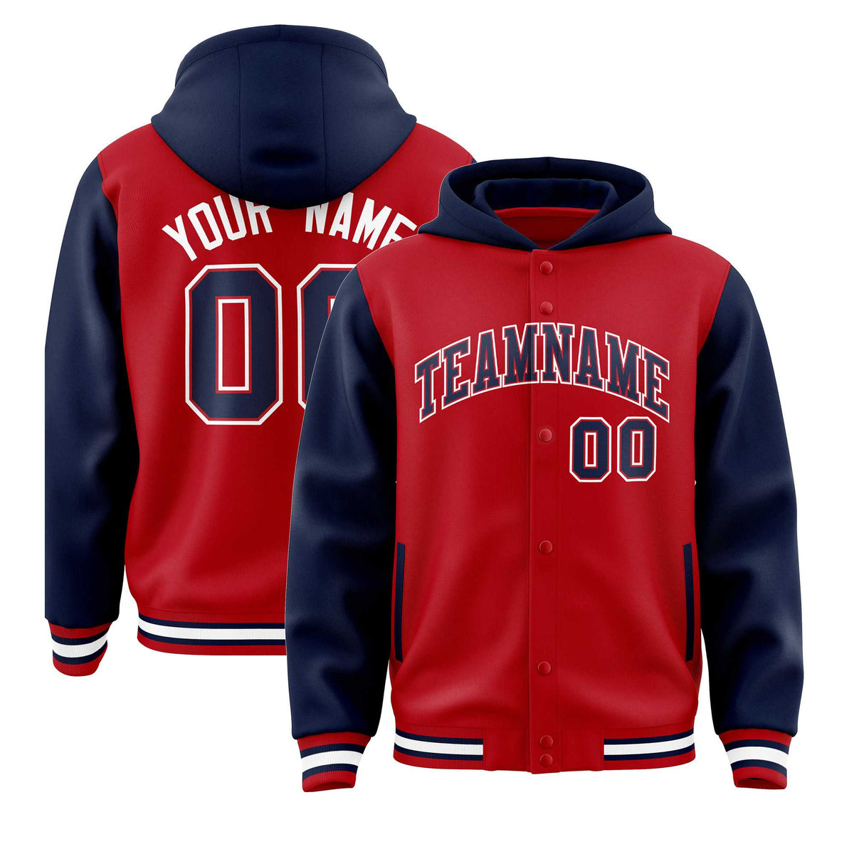 Custom Red Navy Raglan Sleeves Varsity Full-Snap Letterman Two Tone Jacket Hoodie| KXKSHOP