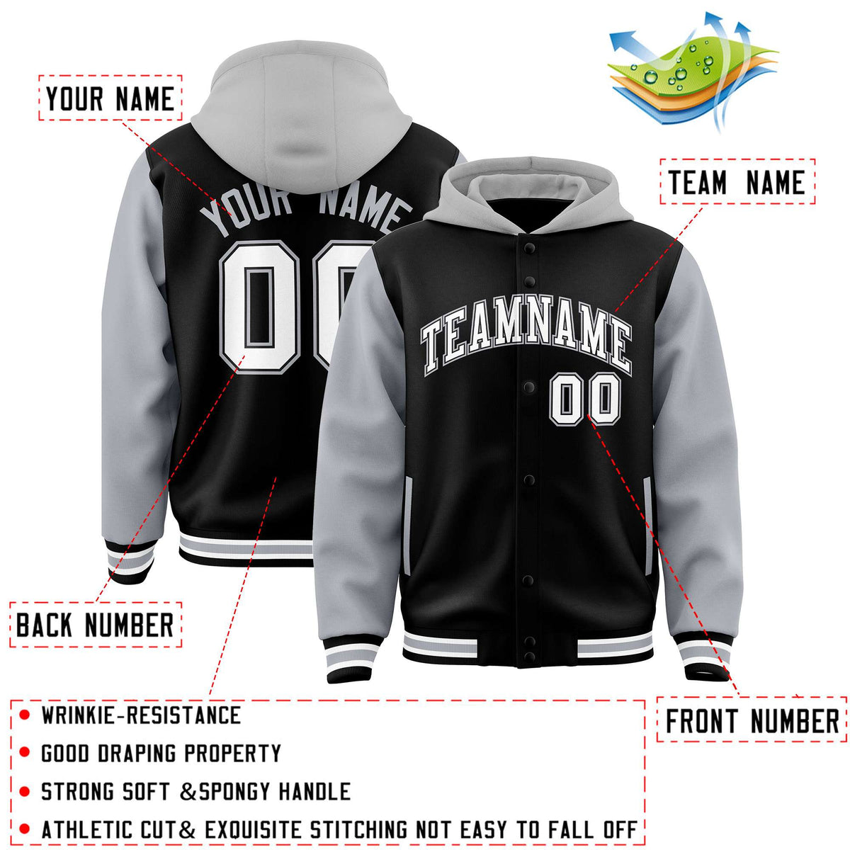 Custom Black Gray Raglan Sleeves Varsity Full-Snap Letterman Two Tone Jacket Hoodie| KXKSHOP