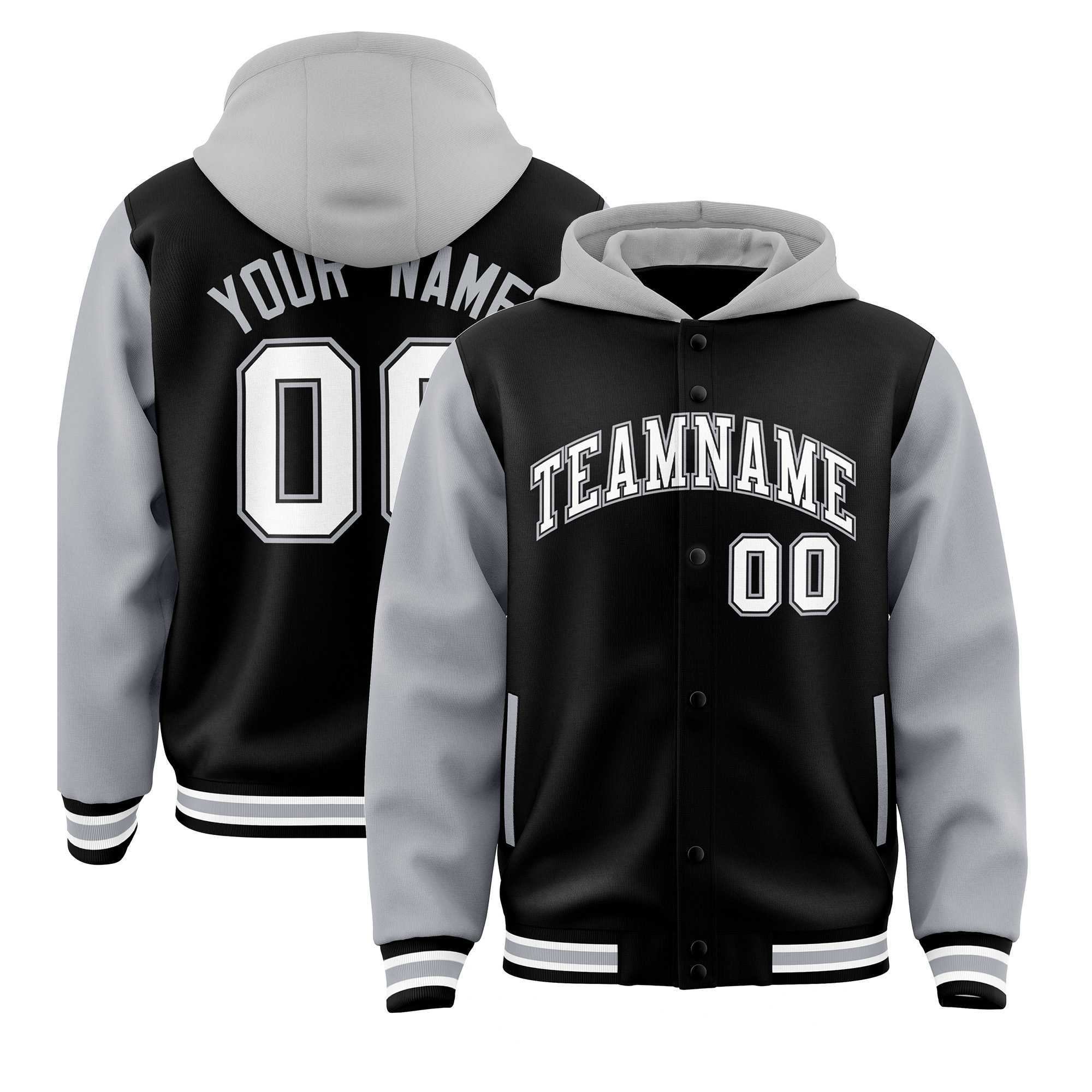 Custom Black Gray Raglan Sleeves Varsity Full-Snap Letterman Two Tone Jacket Hoodie| KXKSHOP