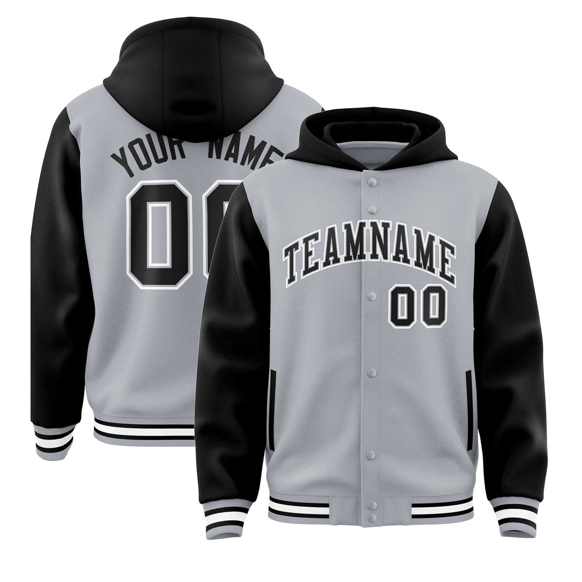 Custom Gray Black Raglan Sleeves Varsity Full-Snap Letterman Two Tone Jacket Hoodie| KXKSHOP