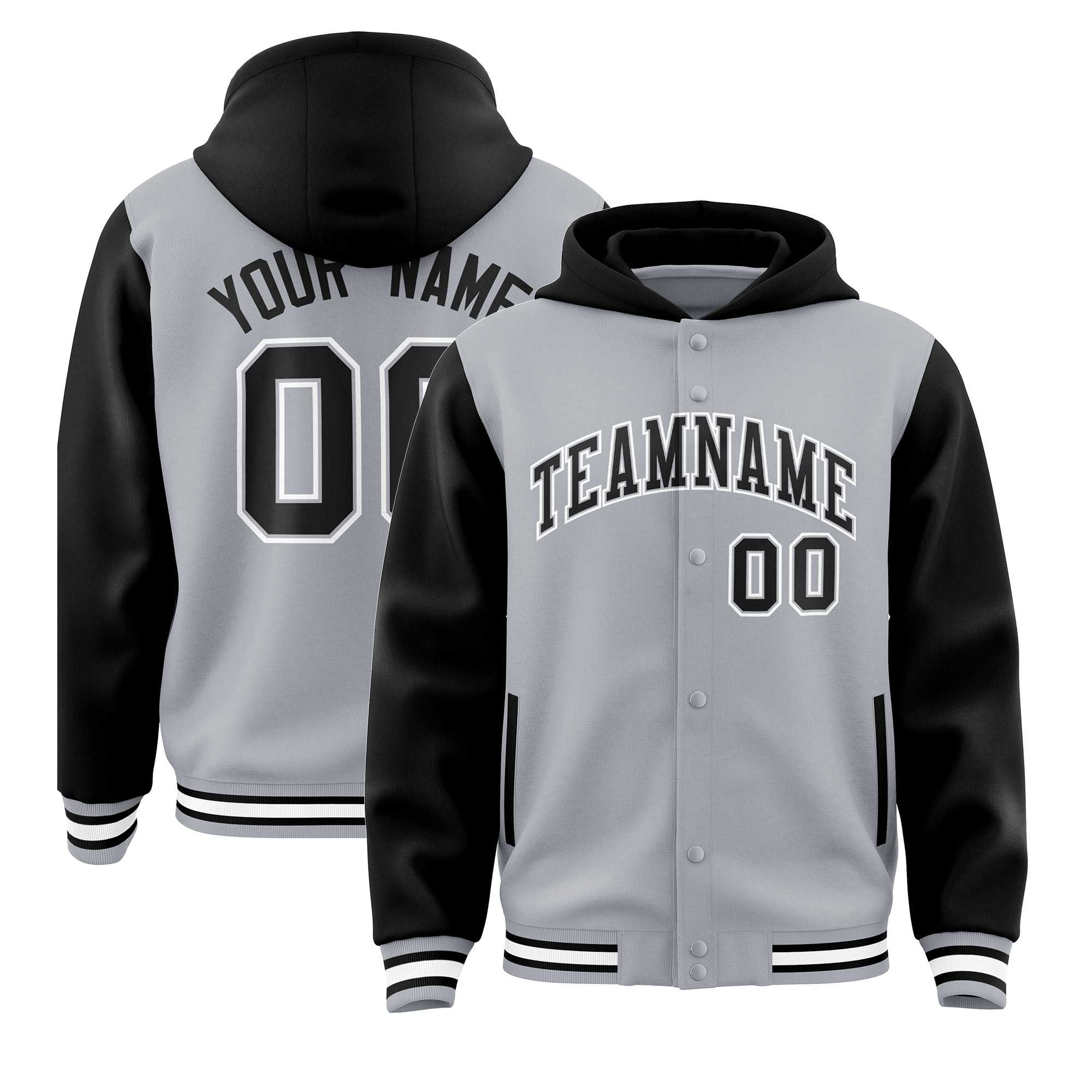 Custom Gray Black Raglan Sleeves Varsity Full-Snap Letterman Two Tone Jacket Hoodie| KXKSHOP