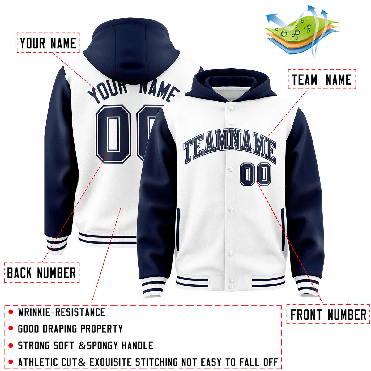 Custom White Navy Raglan Sleeves Varsity Full-Snap Letterman Two Tone Jacket Hoodie| KXKSHOP