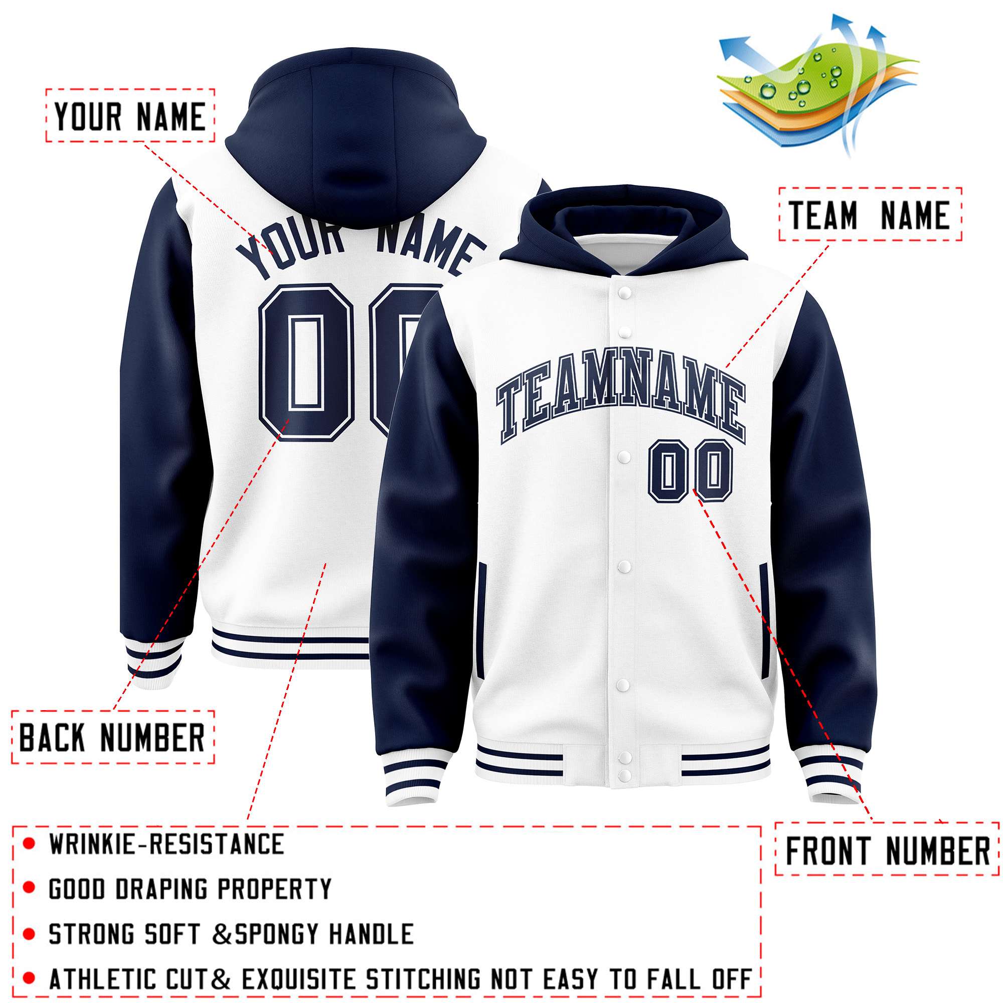 Custom White Navy Raglan Sleeves Varsity Full-Snap Letterman Two Tone Jacket Hoodie| KXKSHOP