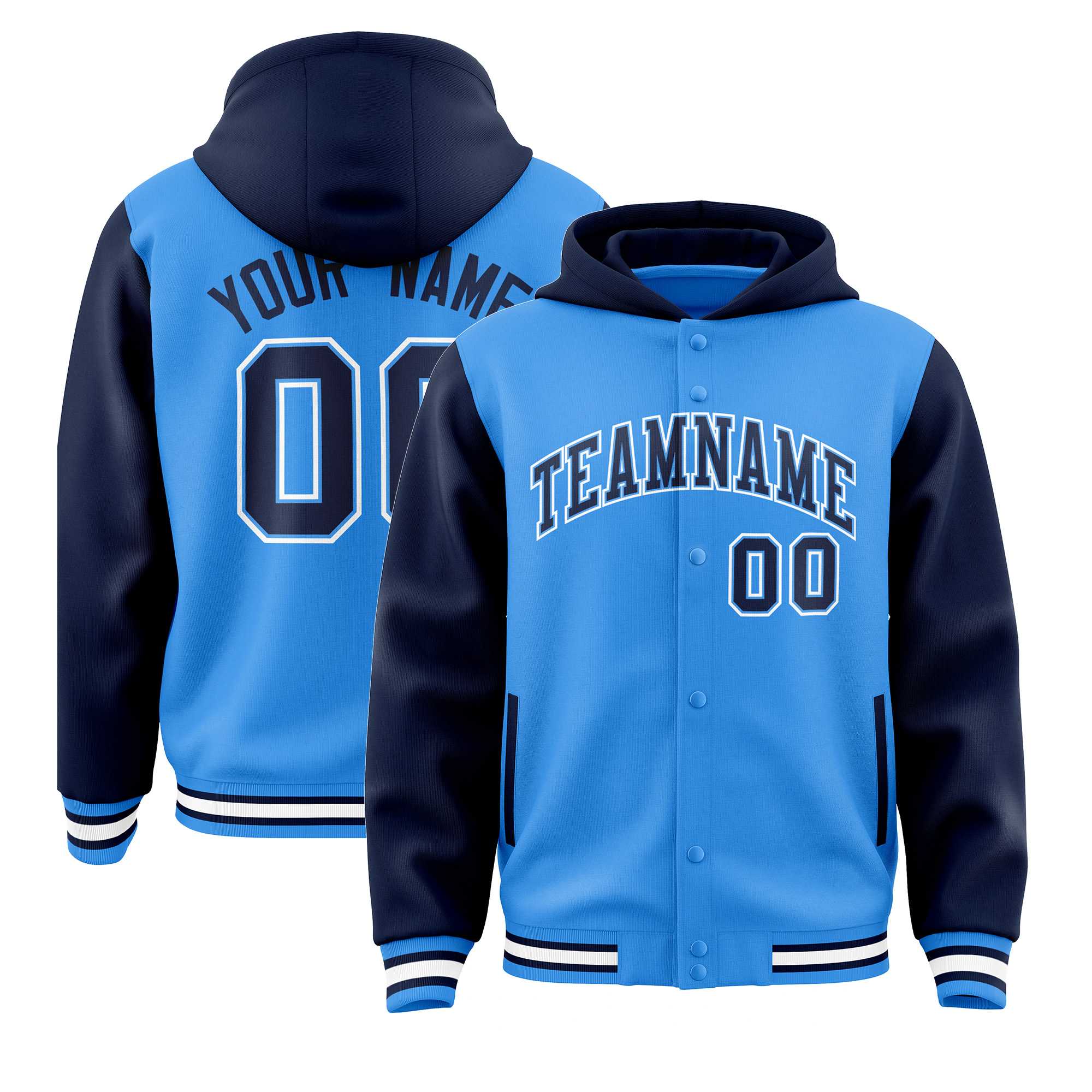 Custom Powder Blue Navy Raglan Sleeves Varsity Full-Snap Letterman Two Tone Jacket Hoodie| KXKSHOP