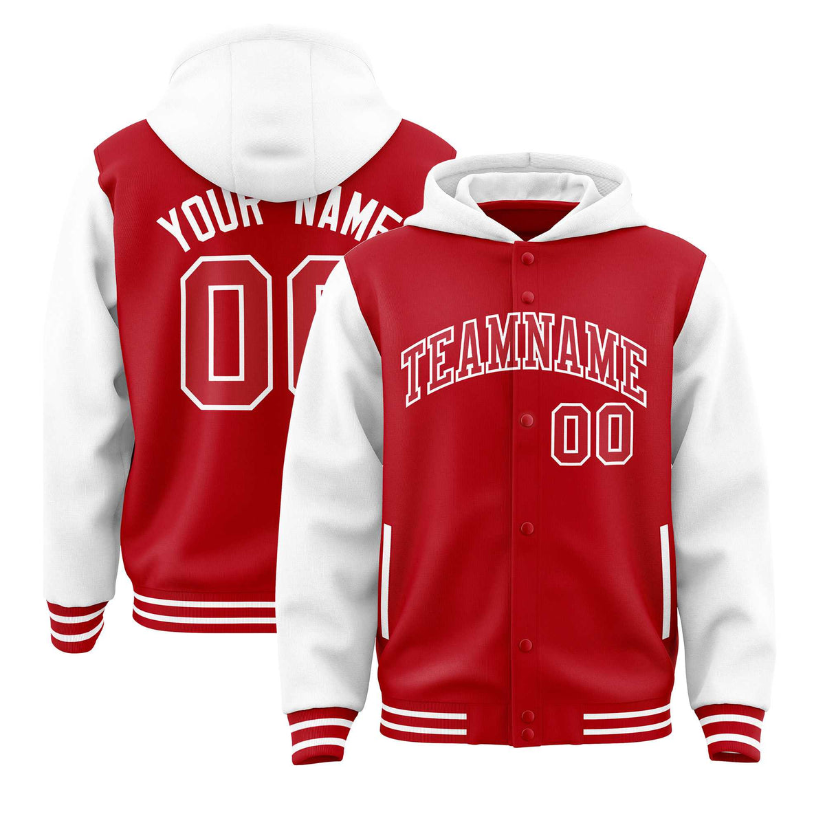 Custom Red White Raglan Sleeves Varsity Full-Snap Letterman Two Tone Jacket Hoodie| KXKSHOP