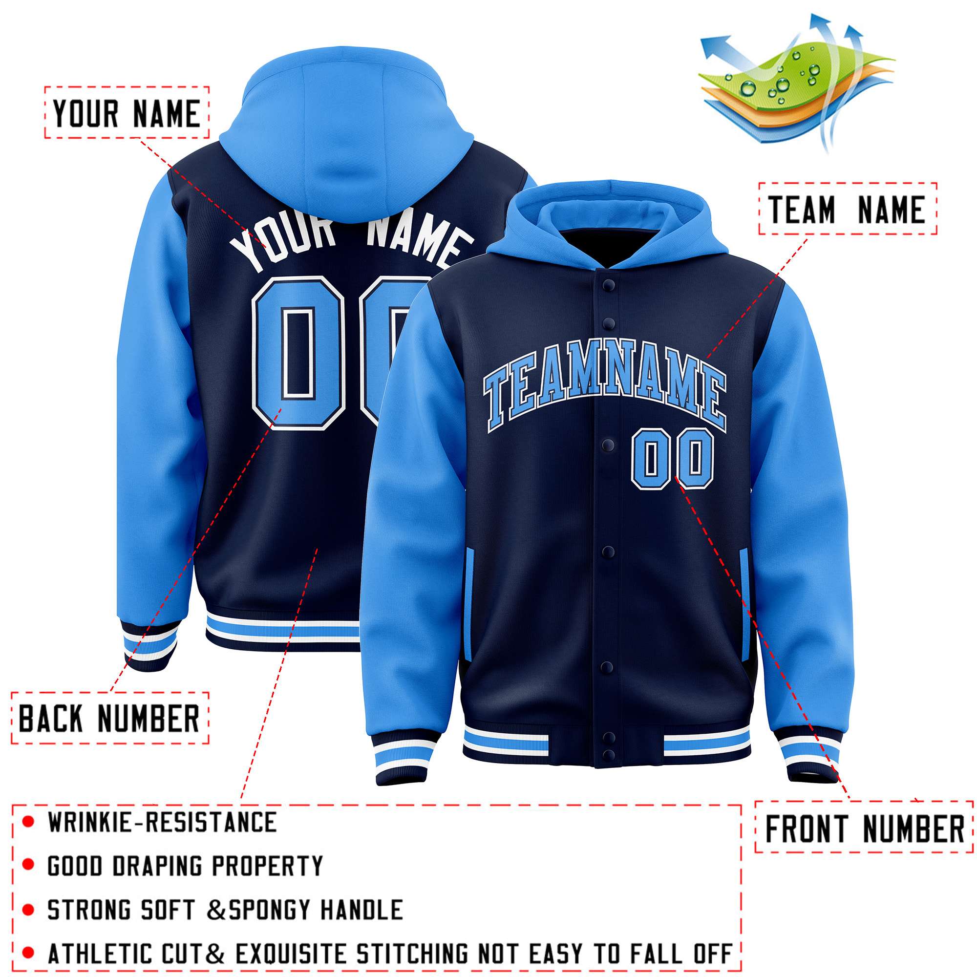 Custom Navy Powder Blue Raglan Sleeves Varsity Full-Snap Letterman Two Tone Jacket Hoodie| KXKSHOP