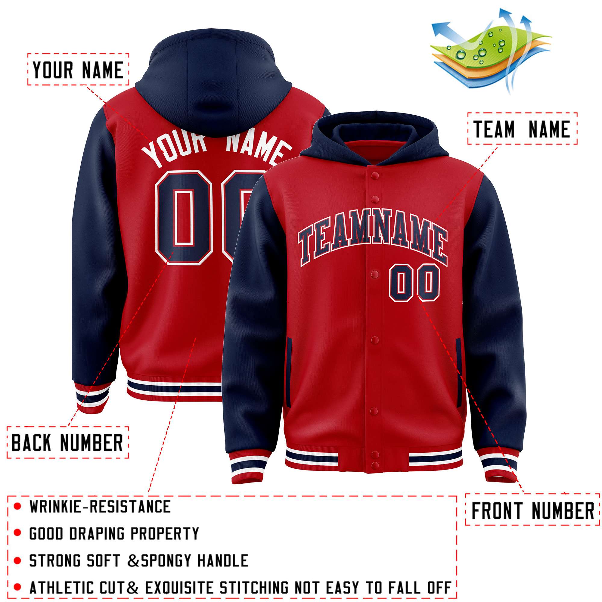 Custom Red Navy Raglan Sleeves Varsity Full-Snap Letterman Two Tone Jacket Hoodie| KXKSHOP