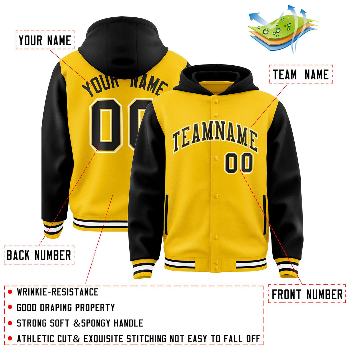 Custom Gold Black Raglan Sleeves Varsity Full-Snap Letterman Two Tone Jacket Hoodie| KXKSHOP