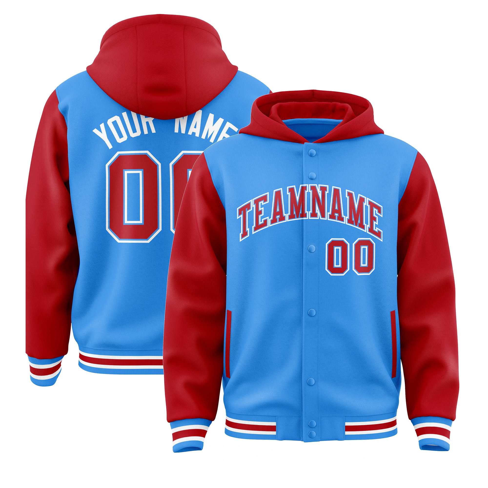 Custom Powder Blue Red Raglan Sleeves Varsity Full-Snap Letterman Two Tone Jacket Hoodie| KXKSHOP