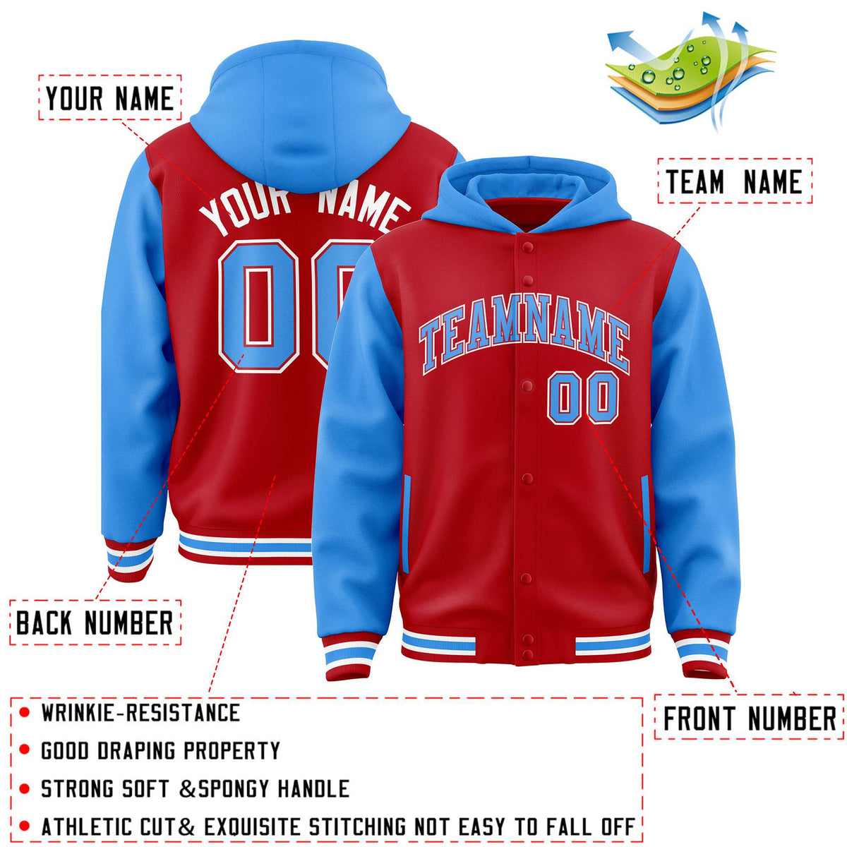 Custom Red Powder Blue Raglan Sleeves Varsity Full-Snap Letterman Two Tone Jacket Hoodie| KXKSHOP