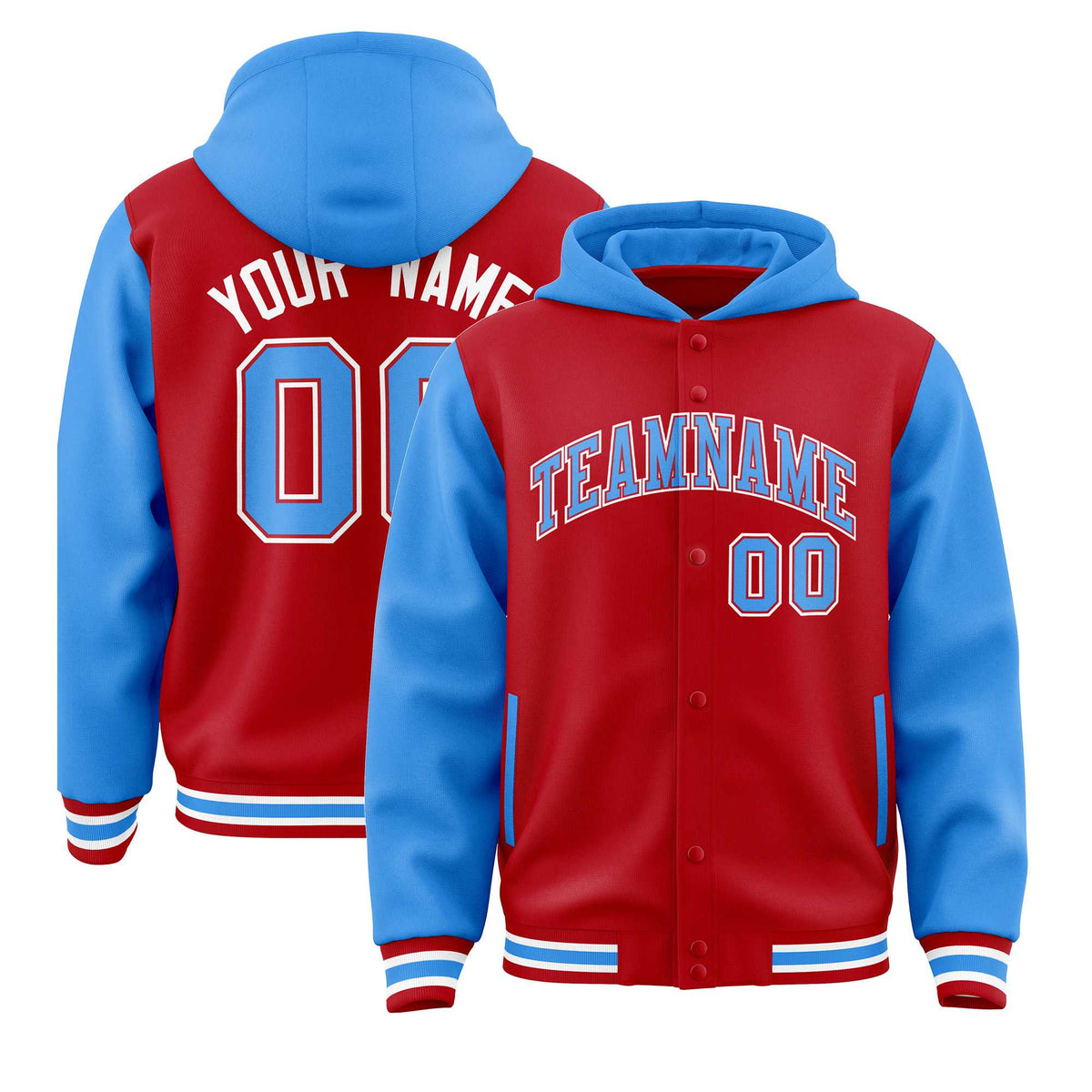 Custom Red Powder Blue Raglan Sleeves Varsity Full-Snap Letterman Two Tone Jacket Hoodie| KXKSHOP